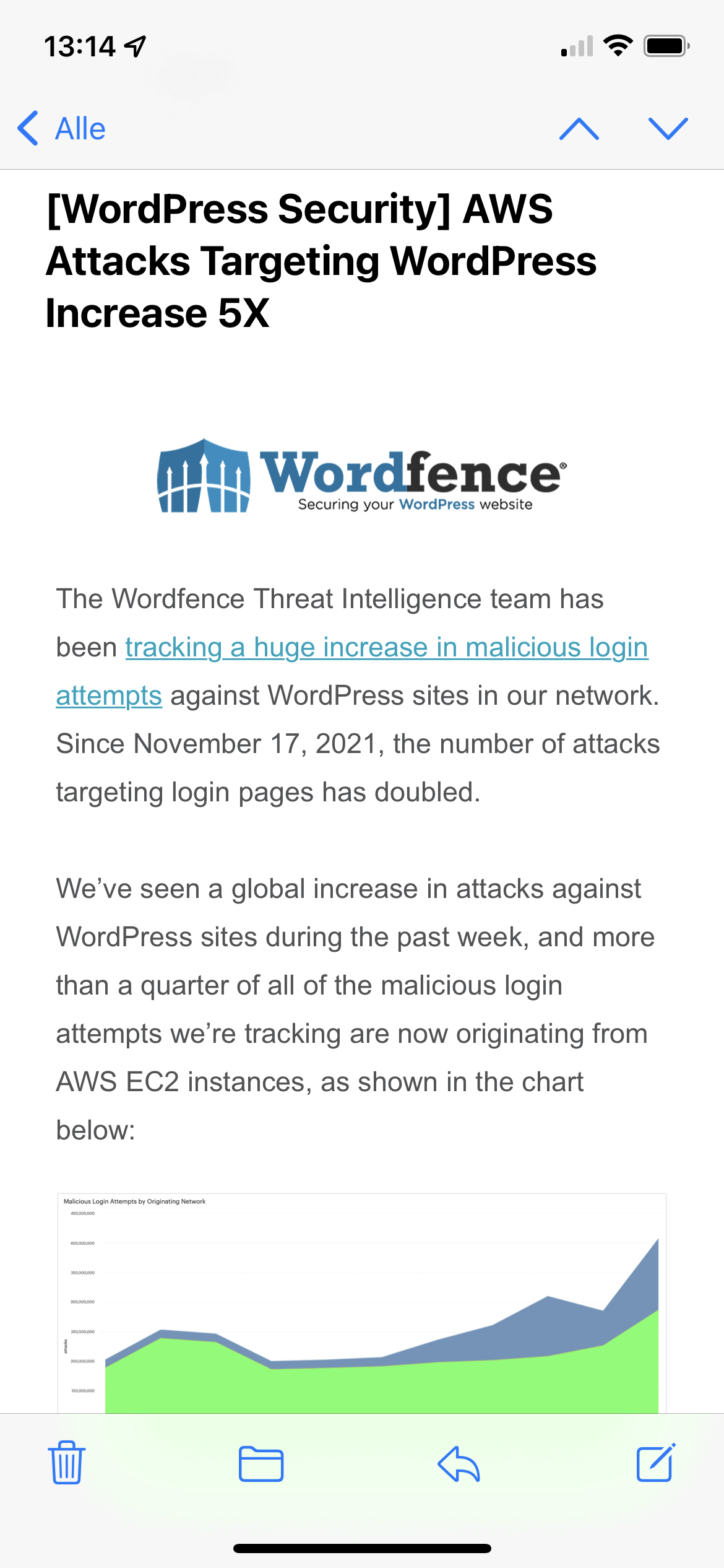 Mail von Wordfence zu brute force Angriffen auf WordPress-Logins
