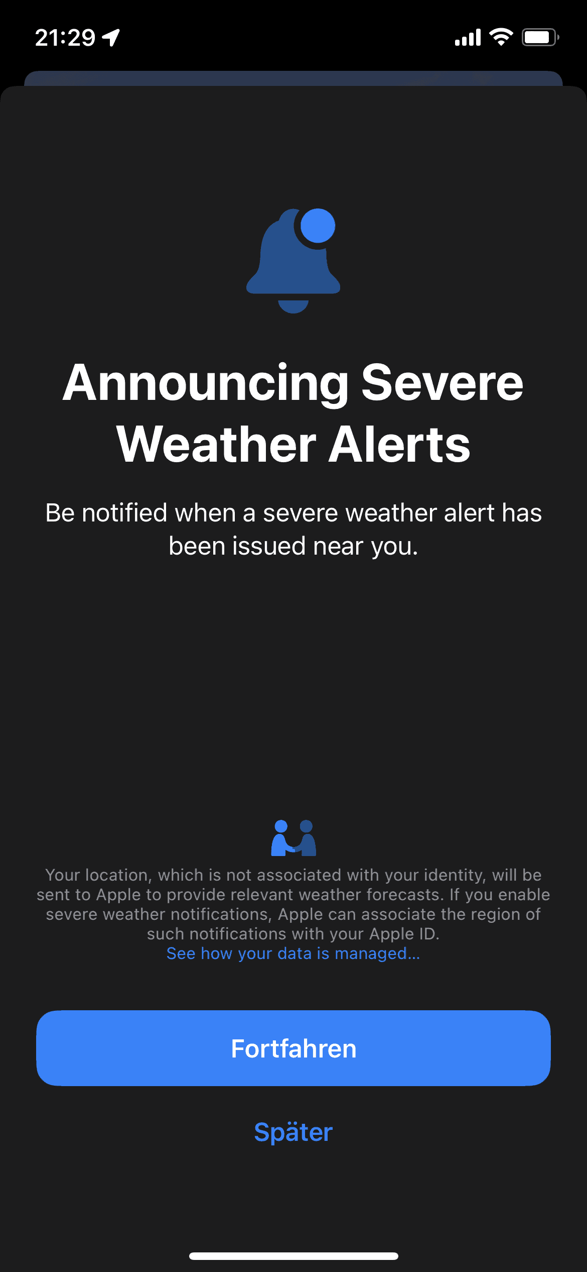 Unwetterwarnungsscreen in der iOS 16 Wetter App