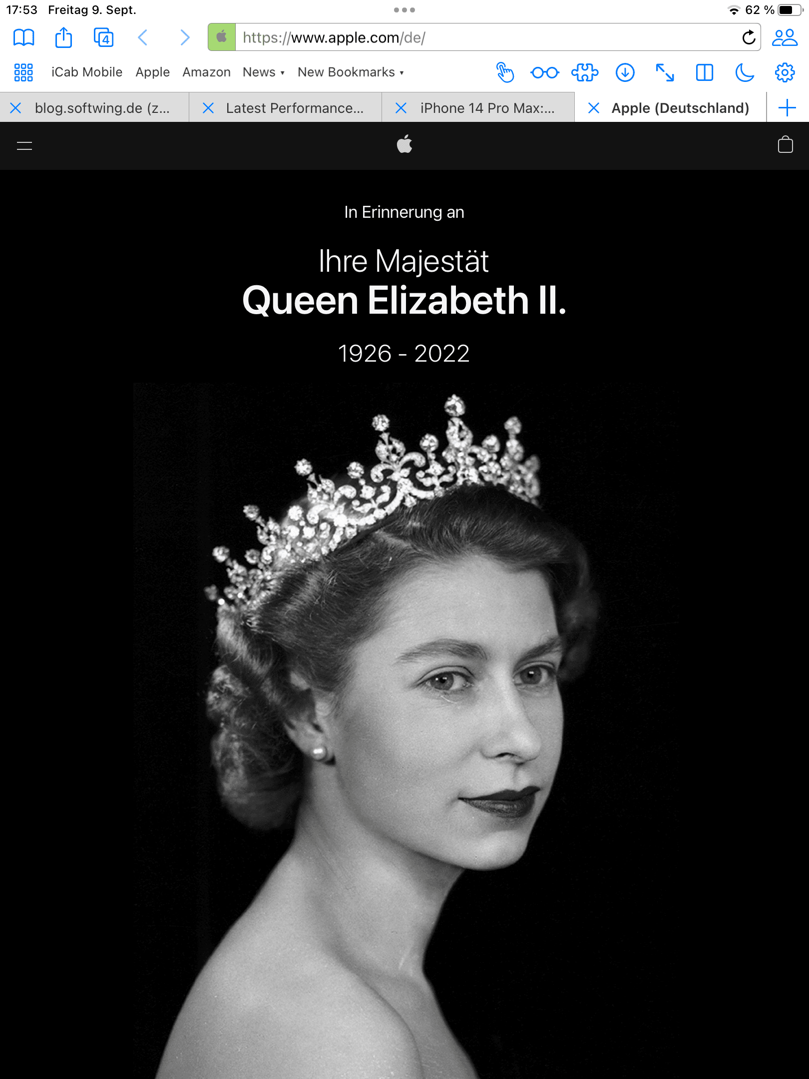 Apple-Site mit einem Portrait der Queen Elsabeth II. Von 1952