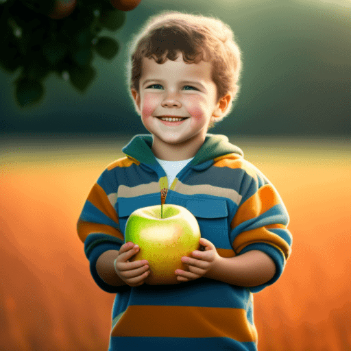 KI-Bild eins strahlenden jungen Jungens mit Apfel in der Hand