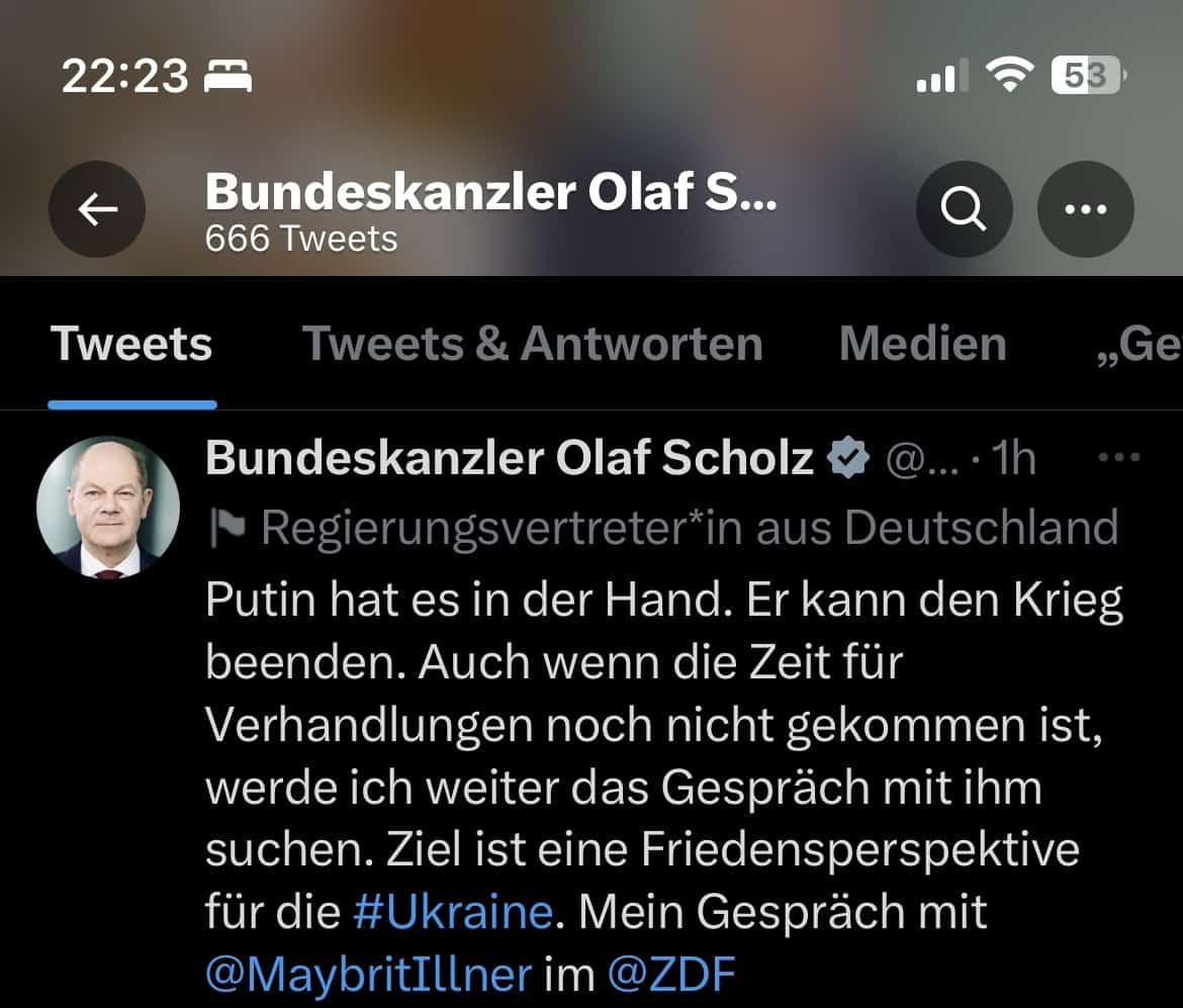 Tweet von Olaf Scholz zum Beenden des Angriffskrieg durch Putin