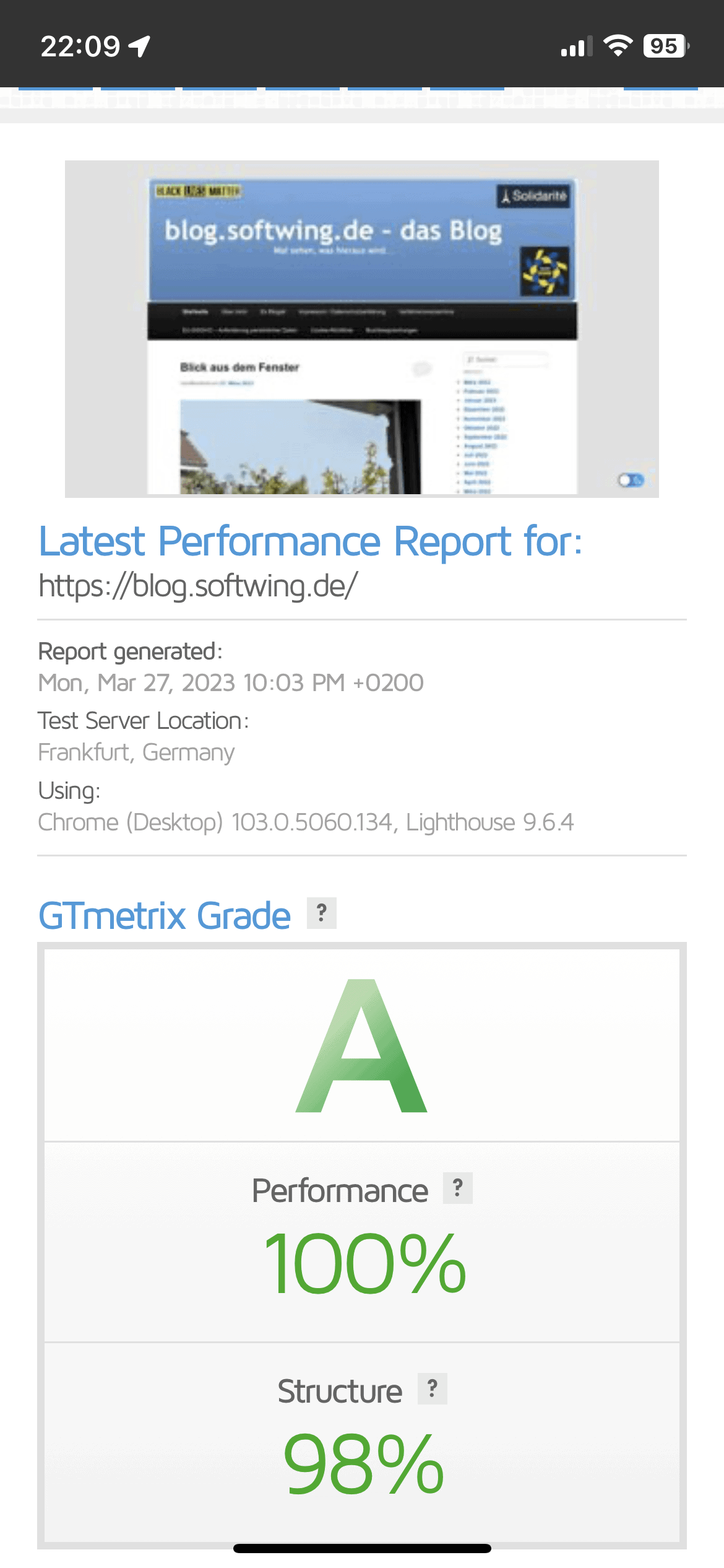 guter GTmetrix-Performancewert des Blogs