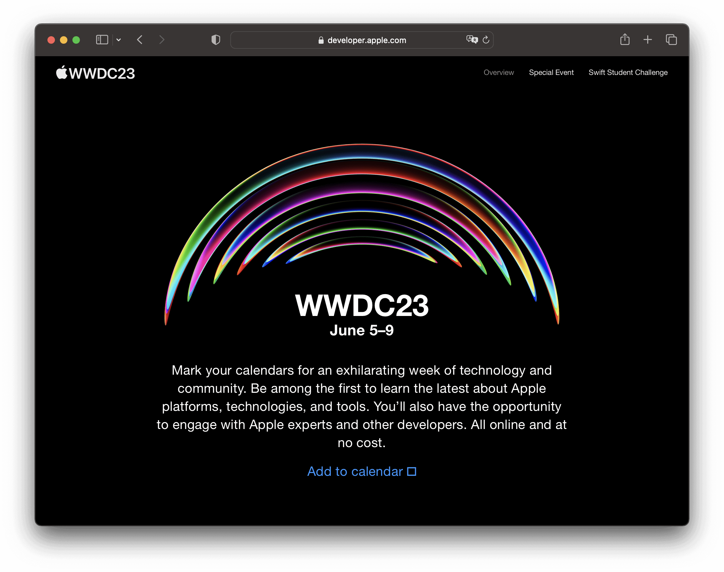Apple Developer Site mit WWDC23-Reklame