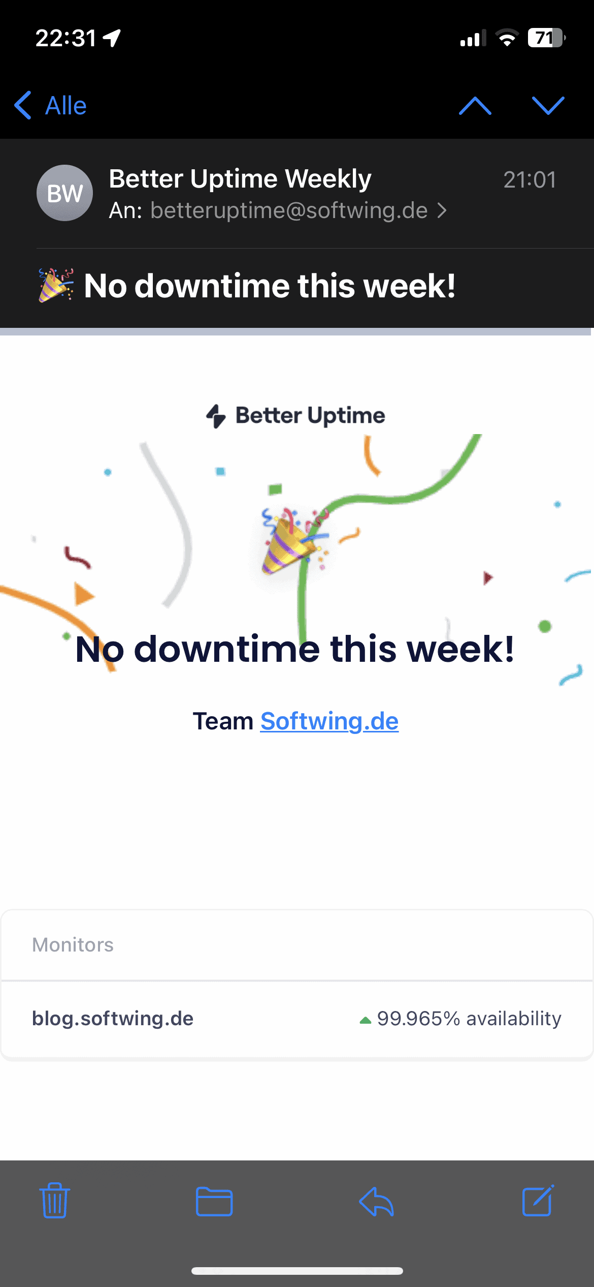 Mail von Better Uptime, dass das Blog diese Woche keine Downtime hatte.