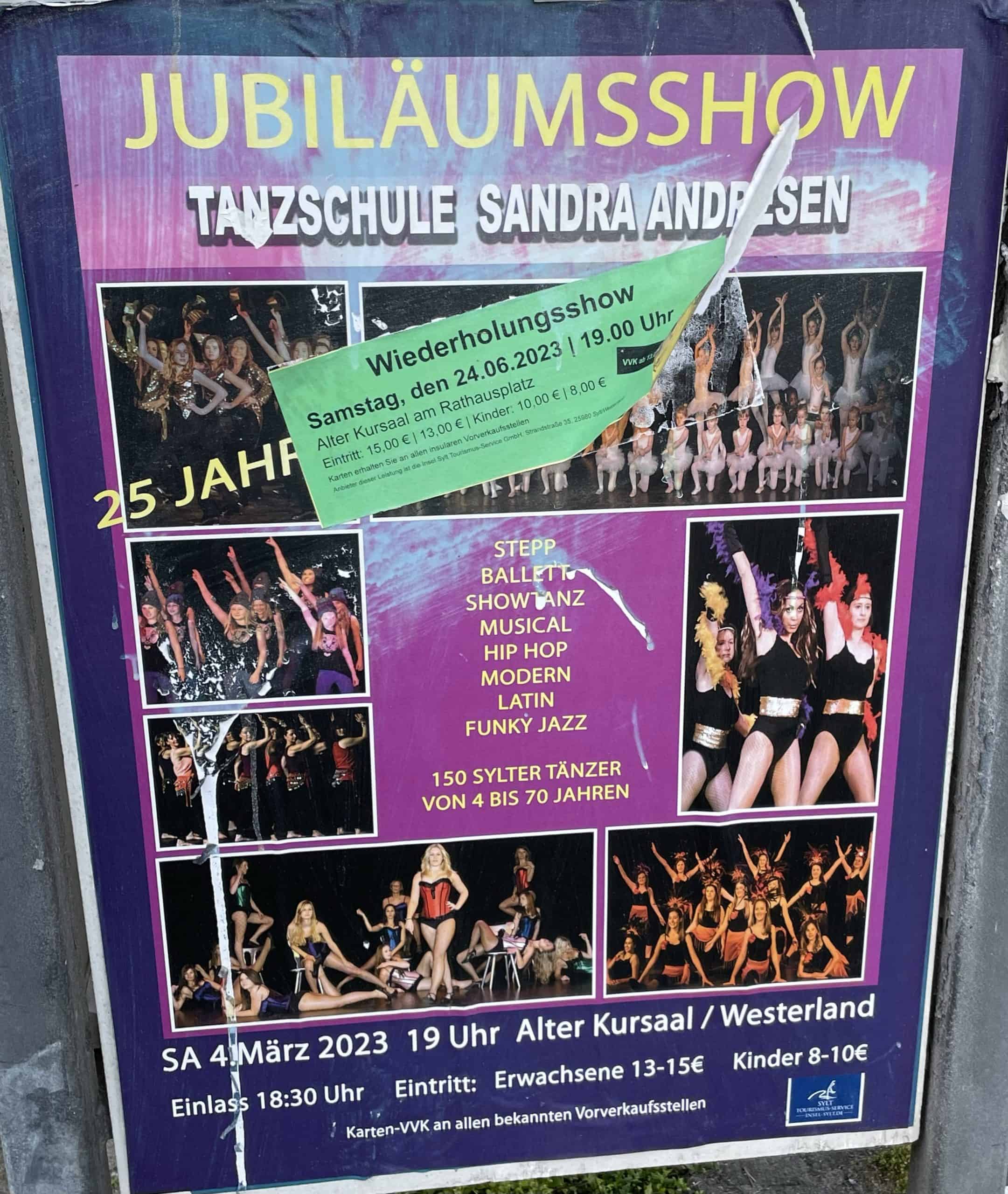 Vorstellungsplakat Tanzschule Sandra Andresen für Zusatzshow im Alten Kursaal, Westerland