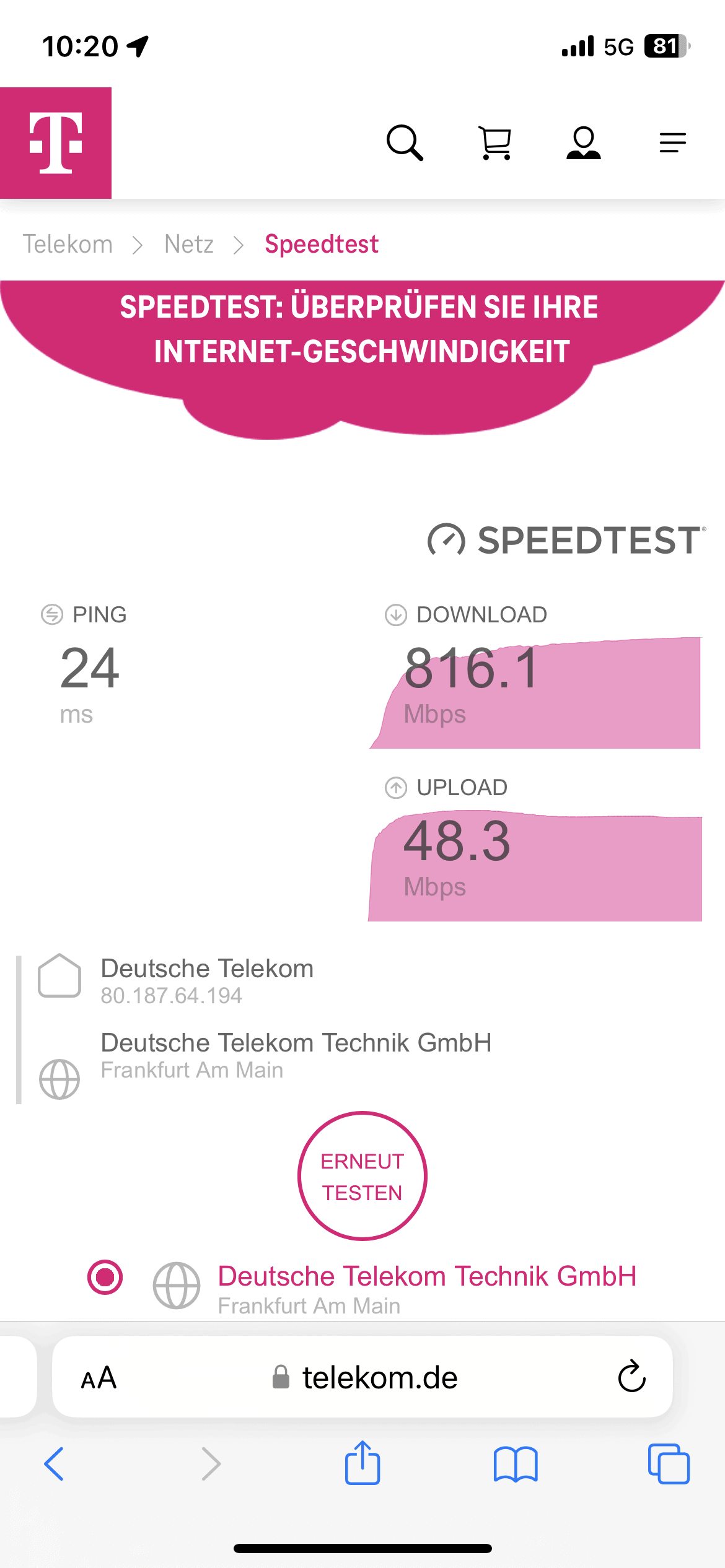 Speedtest der Telekom mit 816 MBit/s im Downstream