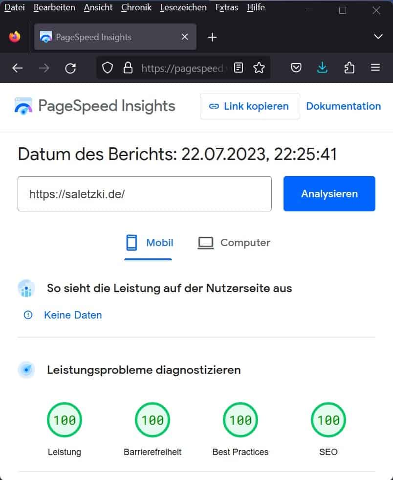 PageSpeed Insights mit Maximalwerten für die Mobilansicht von saletzki.de
