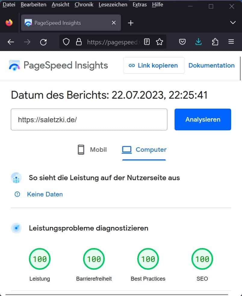 PageSpeed Insights mit Maximalwerten für die Desktopansicht von saletzki.de