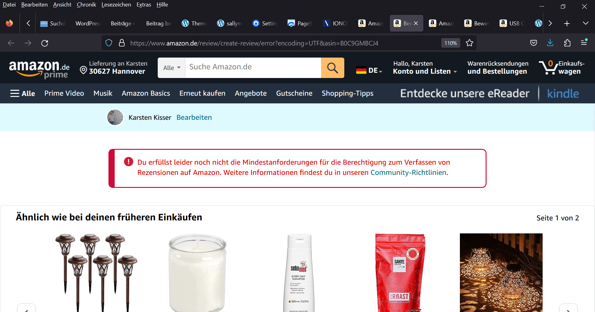Amazon-Fehlermeldung, dass ich noch nicht die Mindestanfoderungen zum Erstellen von Rezensionen erfülle.