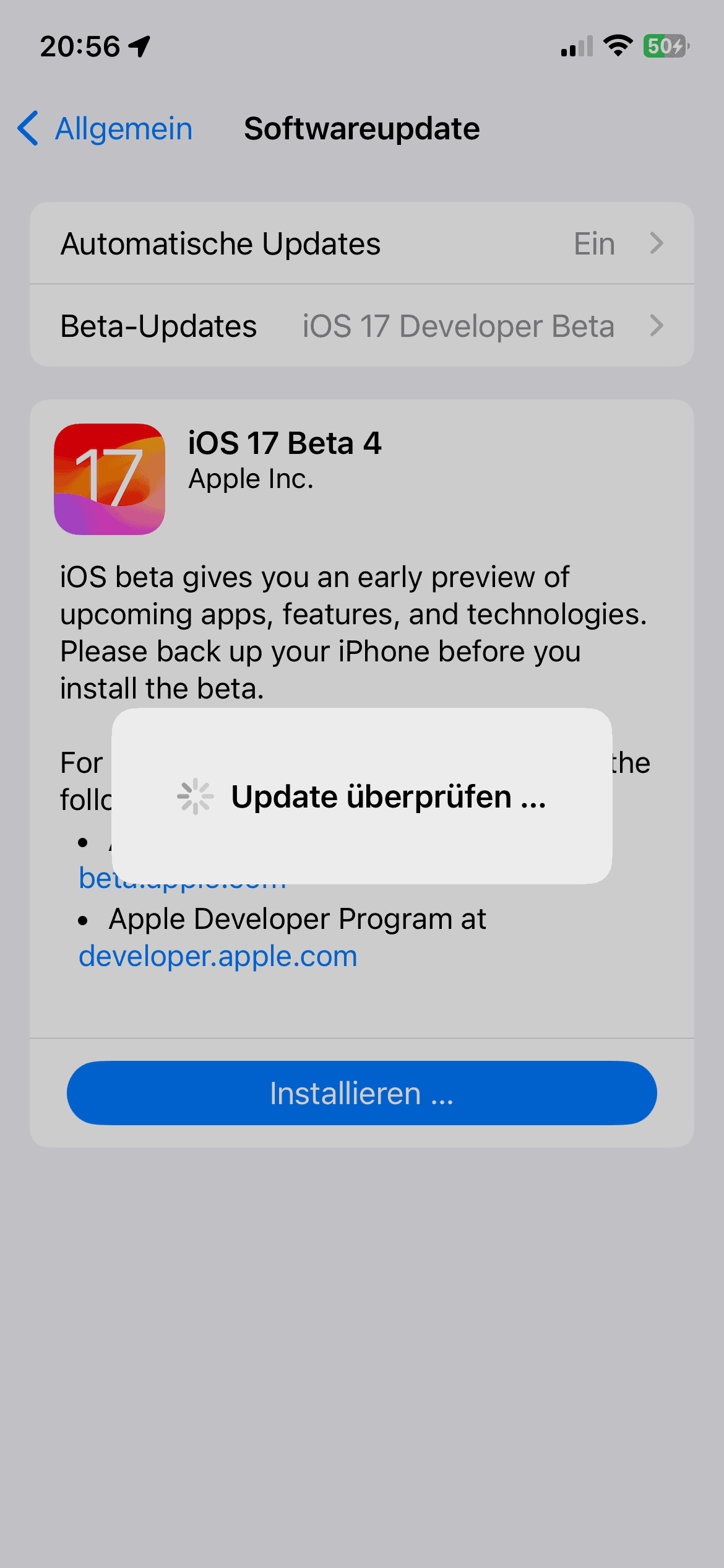 iOS 17 Beta 4 Installscreen vom letzten Mittwoch