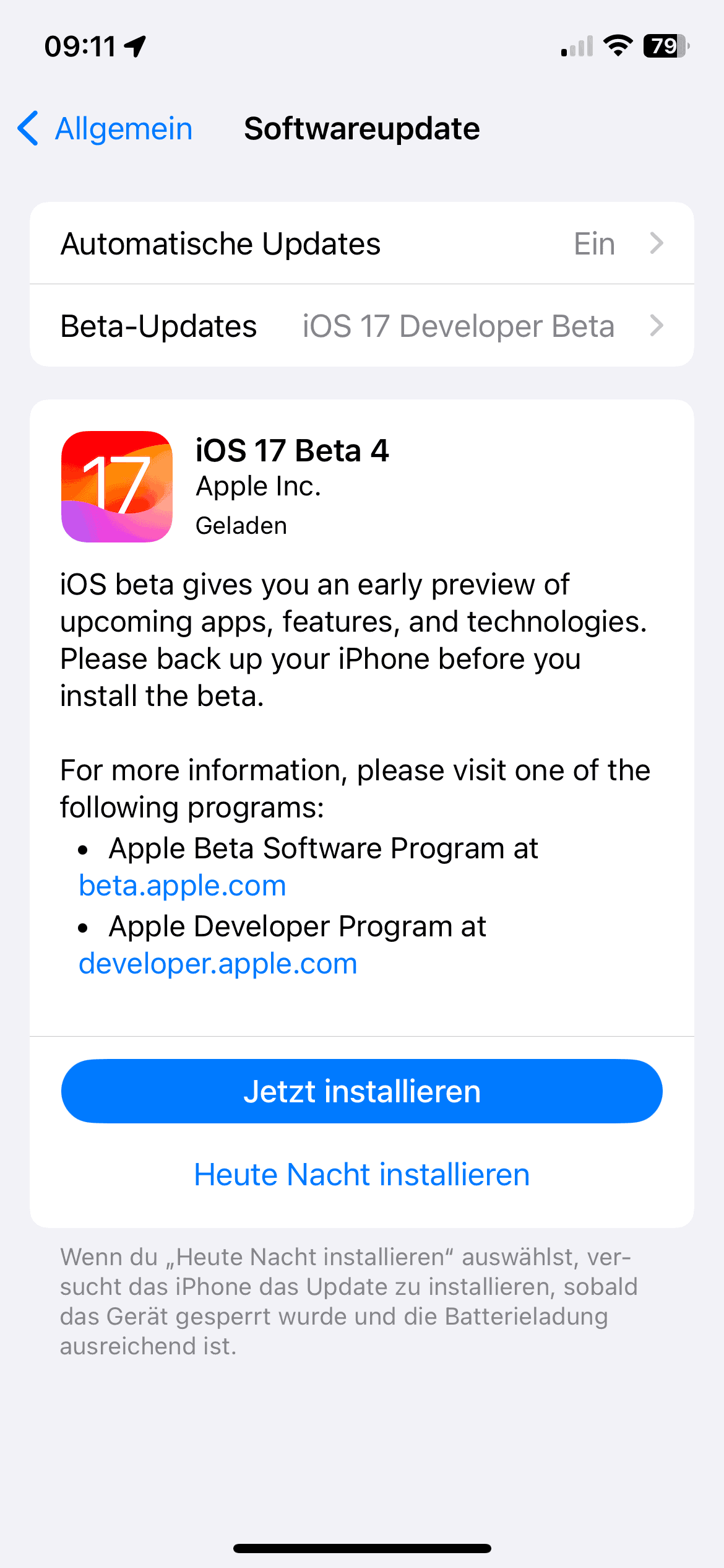 iOS 17 Beta 4 Installscreen heute