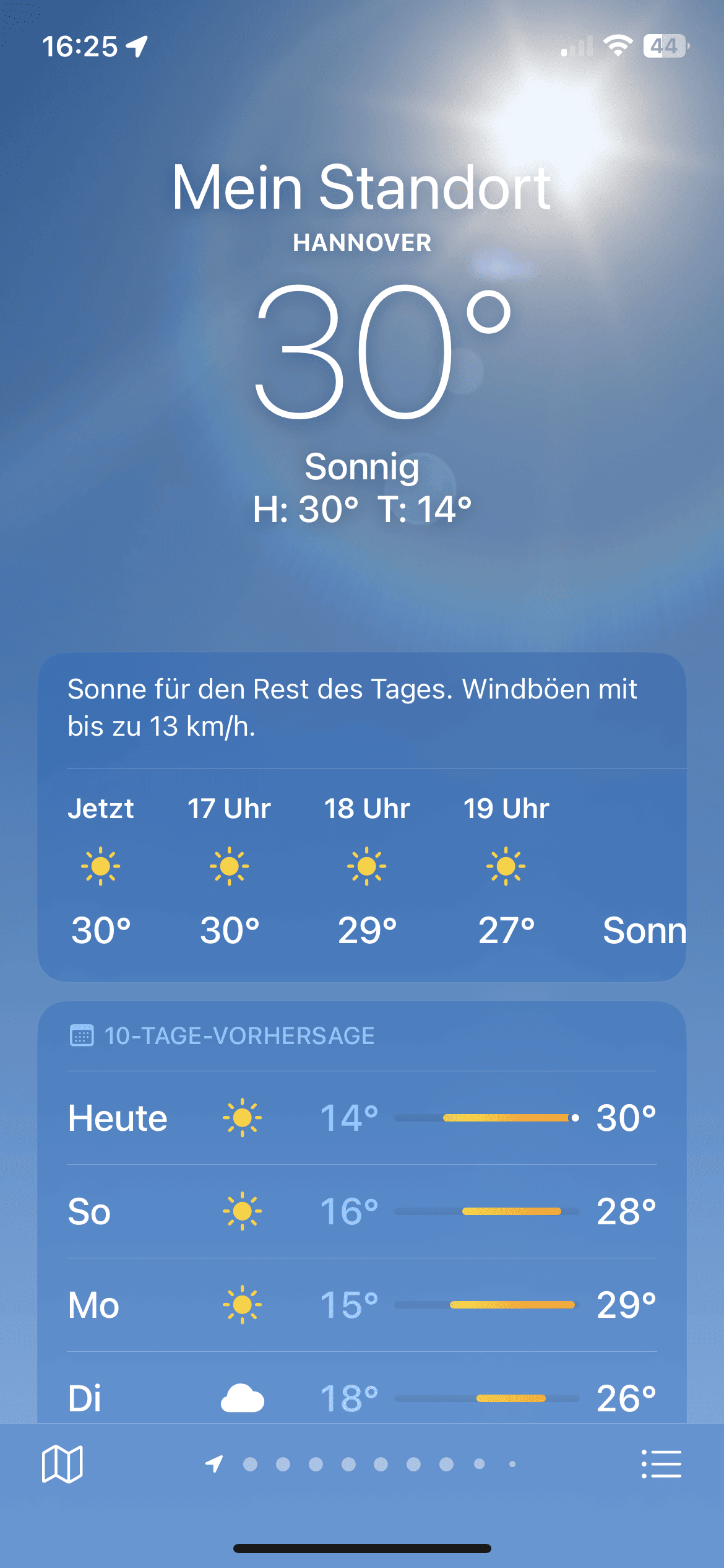 Wetter-App mit 30 C in Hannover