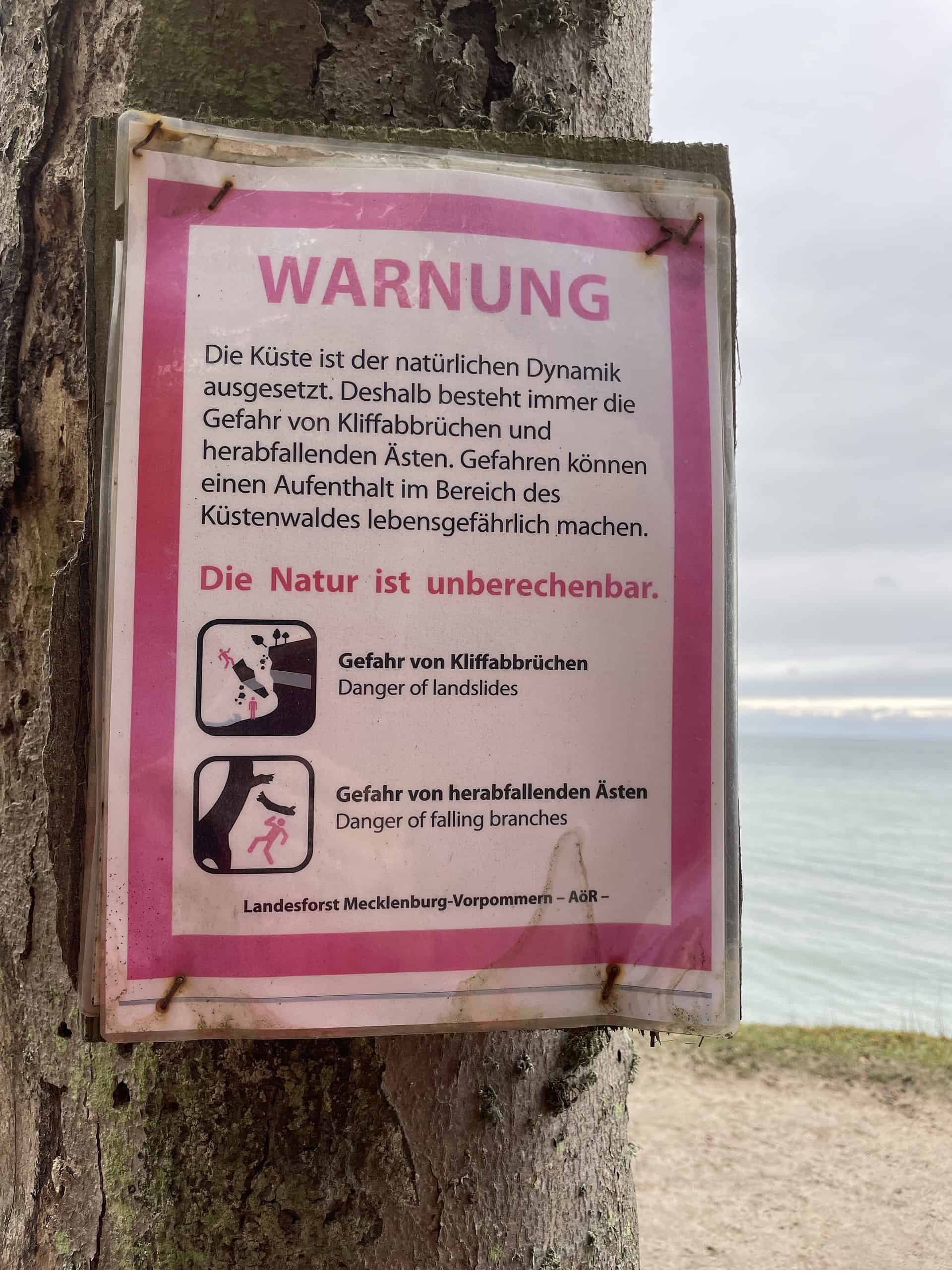 Warnungsschild an einem Baum im Gespensterwald Nienhagen an der Ostsee, das vor fallenden Ästen und Steilküstenabbruch warnt.