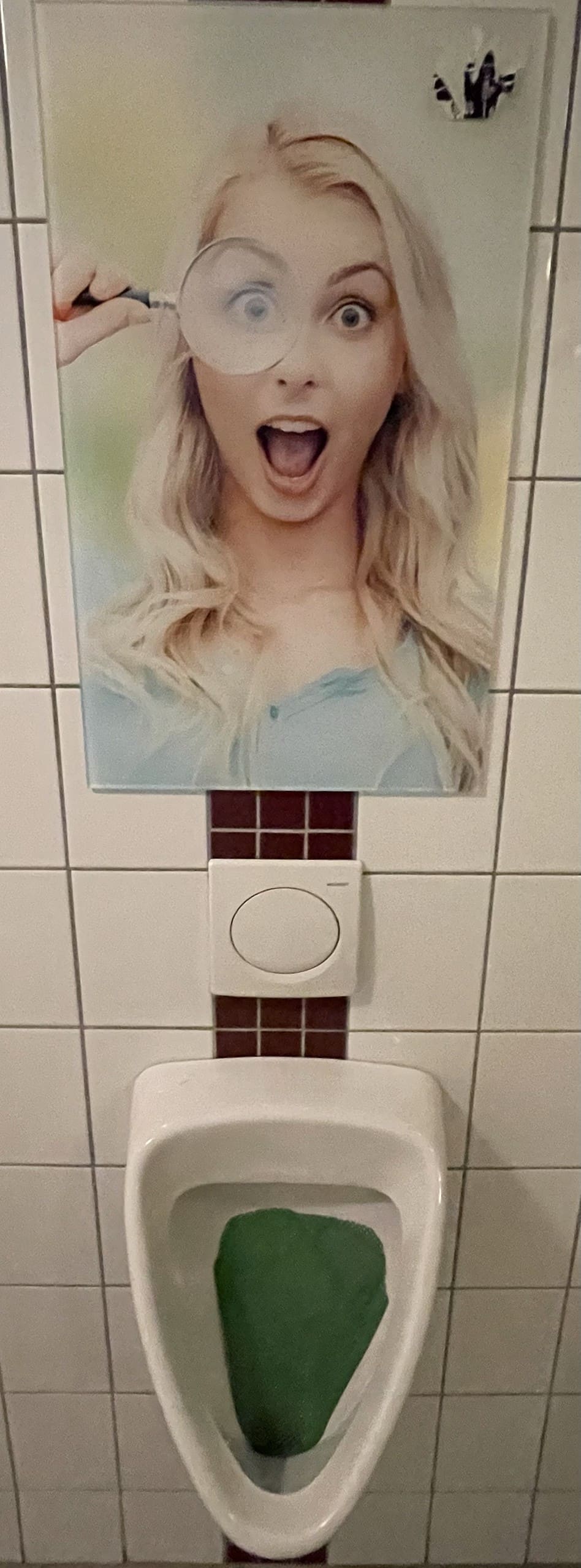 Foto einer fotografierenden Blondine in scgwazem BH (Oberkötrperfoto) oberhalb eines Pissoir in der Herrentoilette.