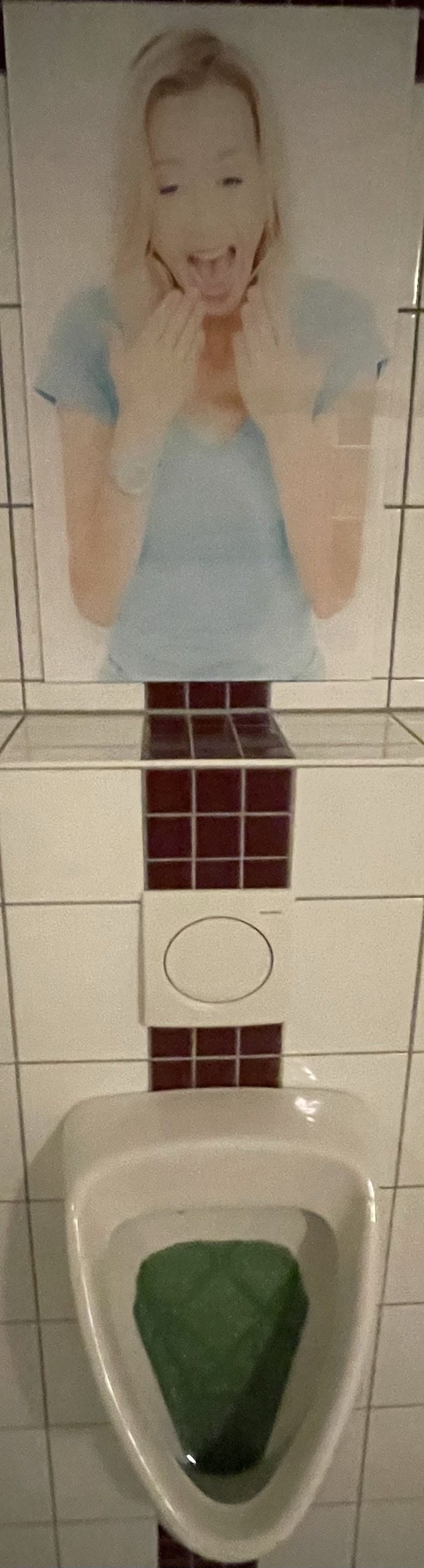 Foto einer entsetzten Blondine in hellblauem T-Shirt (Oberkötrperfoto) oberhalb eines Pissoir in der Herrentoilette.