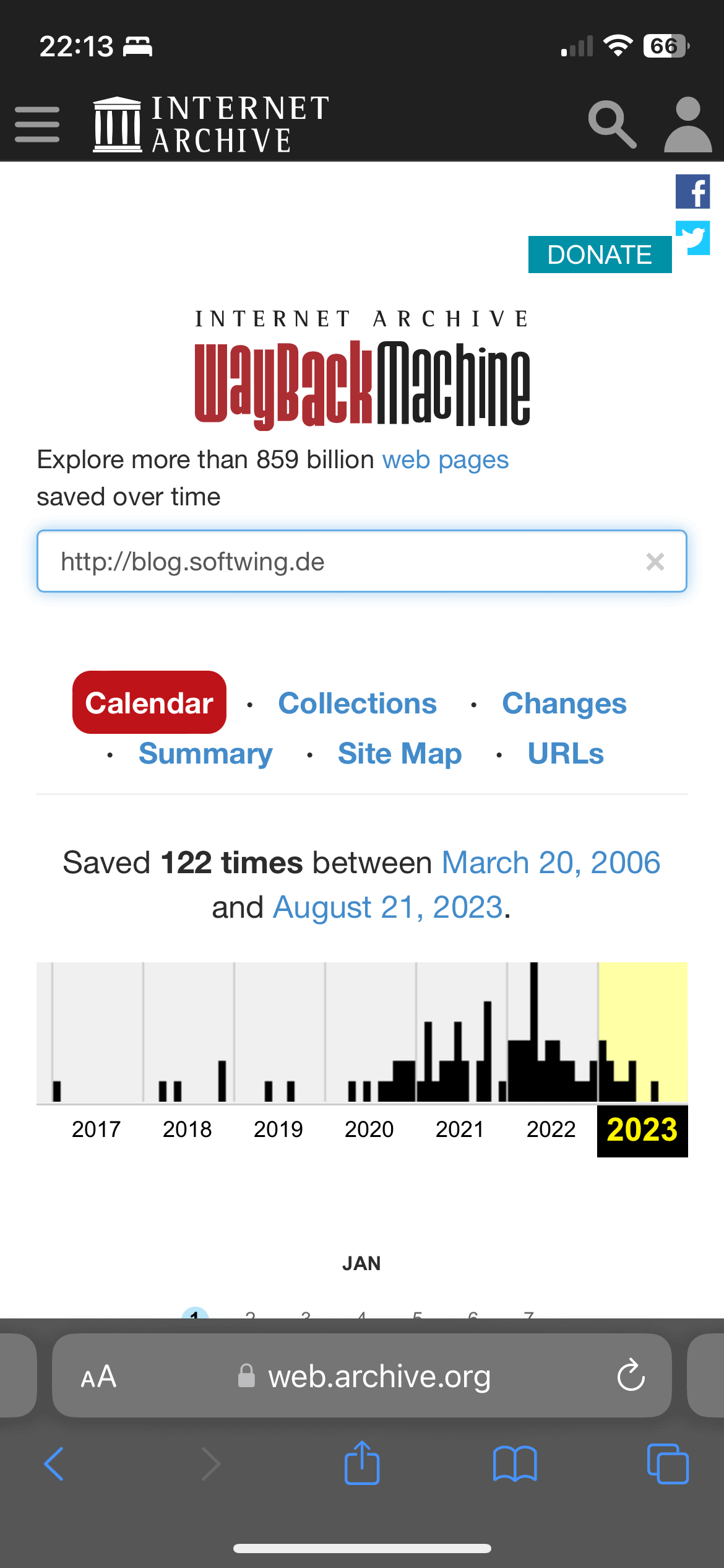 Screenshot der Wayback Machine mit Angaben zu Aufnahmepunkte des Blogs seit 2006.