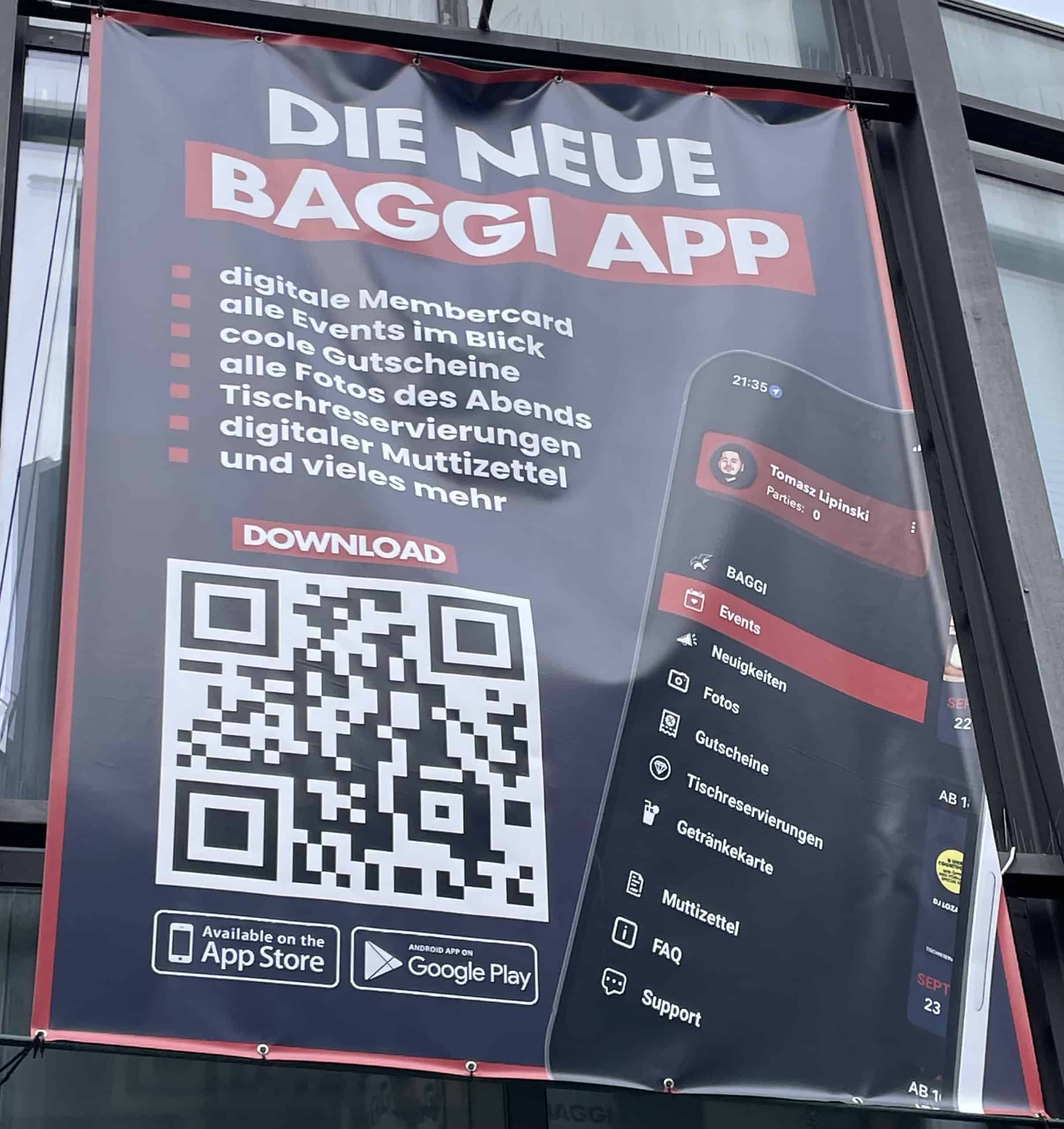 Großplakat an der Baggi-Disco für die Baggi-App.