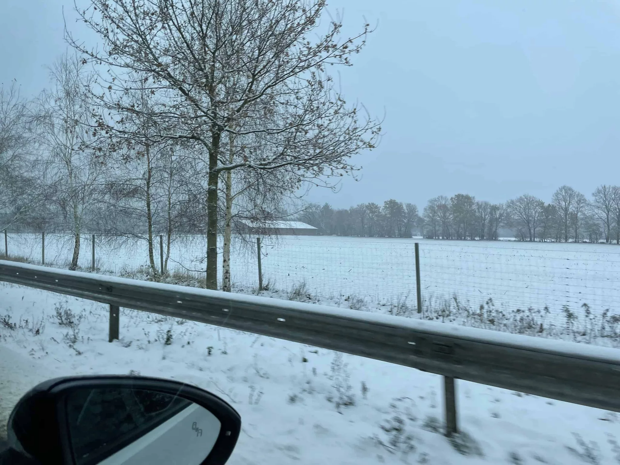 Schneelandschaft rechts vom fahrenden Auto mit Leitplanke und Außenspiegel im Vordergrung.