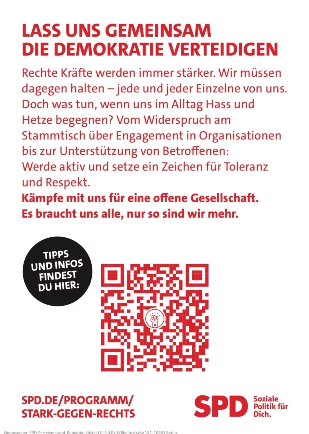 Rückseite der Postkarte mit SPD Kontaktangaben.