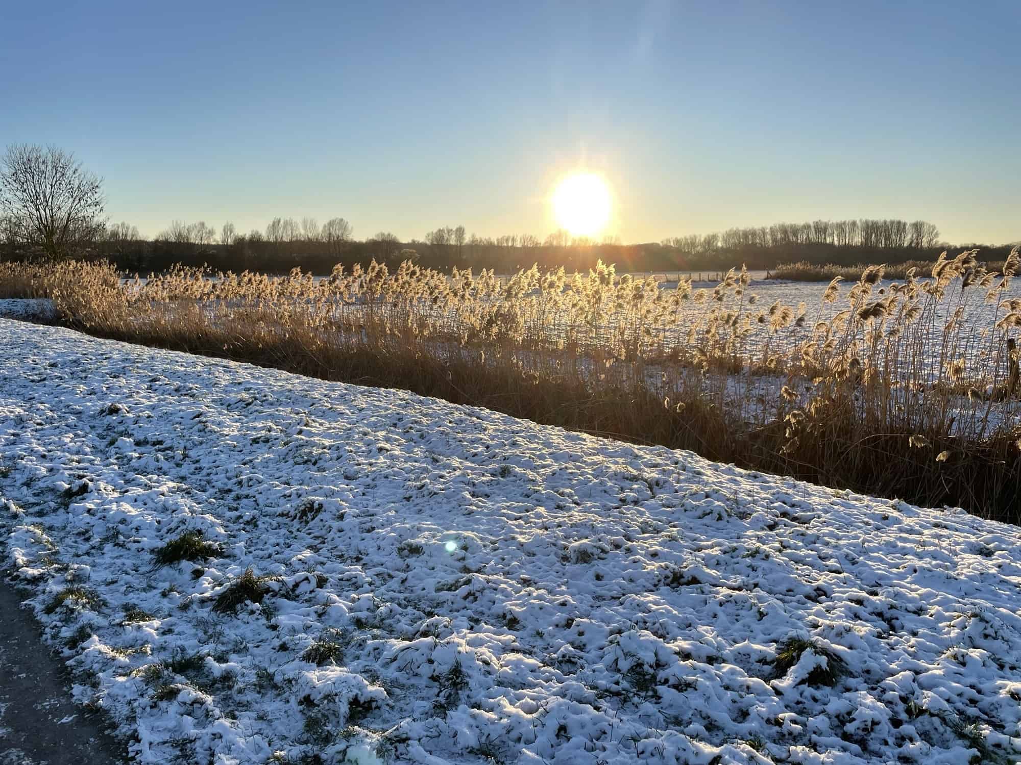 Schneestreifen, Feld dahinter und Sonne.