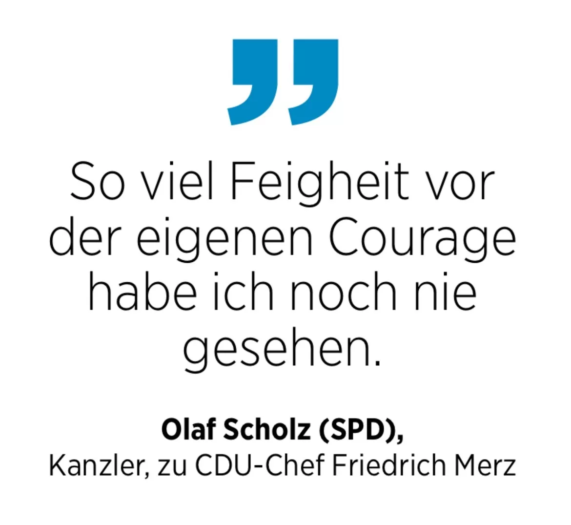 Olaf Scholz (SPD),
Kanzler, zu CDU-Chef Friedrich Merz: So viel Feigheit vor der eigenen Courage habe ich noch nie gesehen.