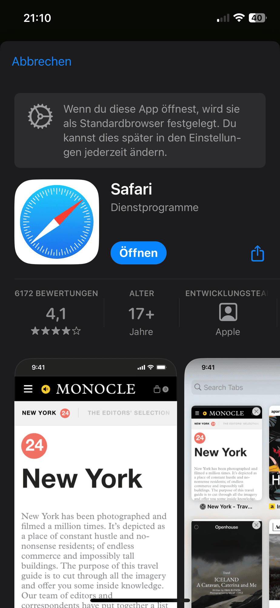 Durch Auswahl von Safari im App Store wird Safari der Standardbrowser.