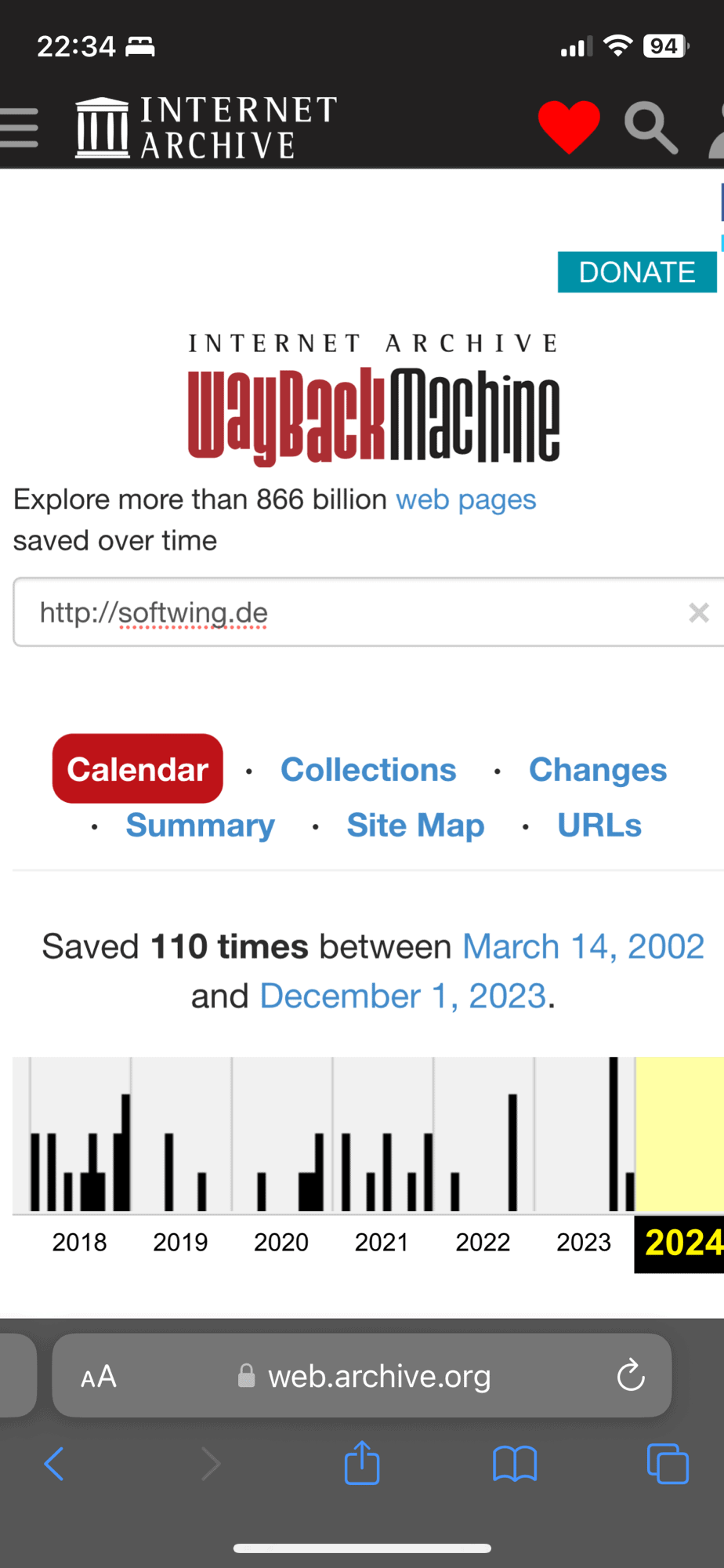 Wayback Machine mit 110 Aufrufen von softwing.de zwischen 2002 und 2023.
