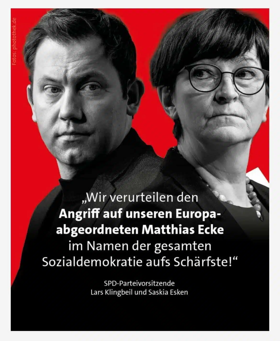Wir verurteilen den Angriff auf unseren Europaabgeordneten Matthias Ecke im Namen der gesamten Sozialdemokratie aufs Schärfste! SPD-Parteivorsitzende Lars Klingbeil und Saskia Esken