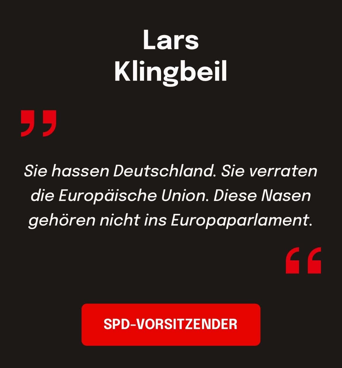 Lars Klingbeil, SPD-Vorsitzende: Sie hassen Deutschland. Sie verraten die Europäische Union. Diese Nasen gehören nicht ins Europaparlament.