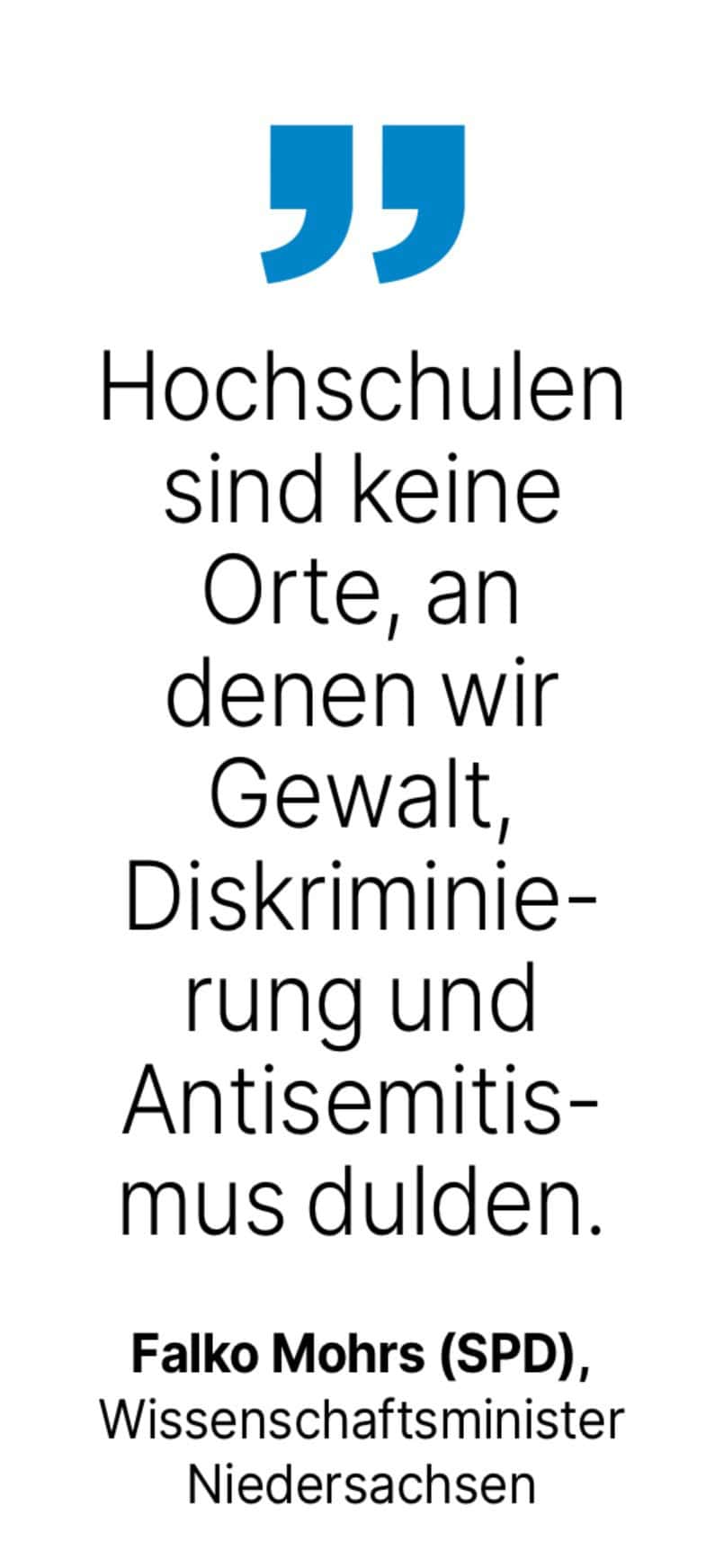 Falko Mohrs (SPD),
Wissenschaftsminister
Niedersachsen: Hochschulen sind keine Orte, an denen wir Gewalt!
Diskriminierung und Antisemitismus dulden.
