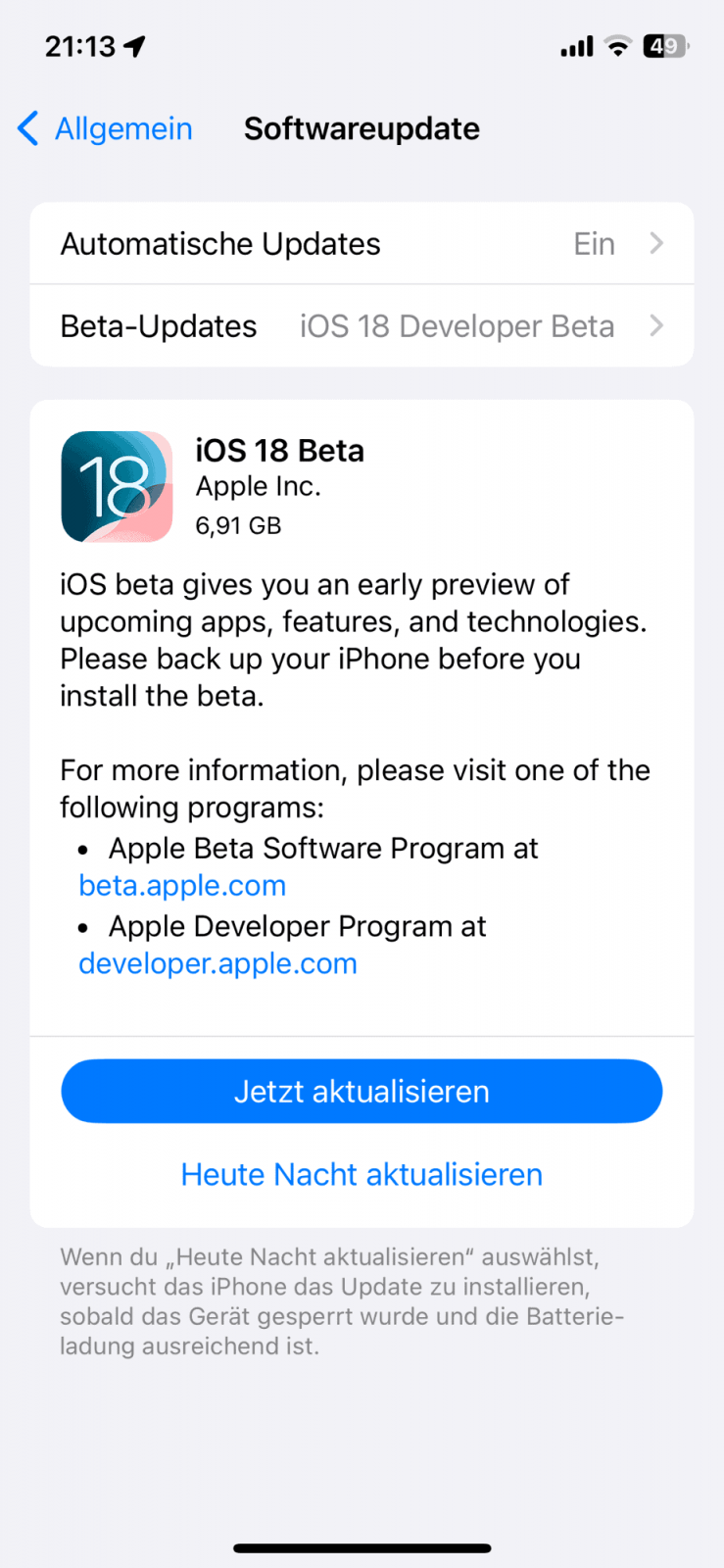 iOS 18 Software Update App Screen