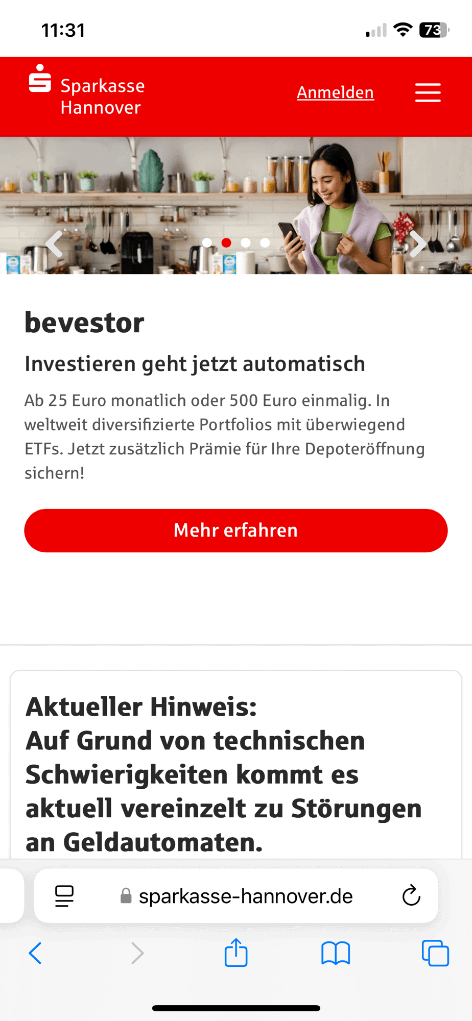 Sparkasse-Hannover-Site mit Hinweis auf Störungen bei Geldautomaten.