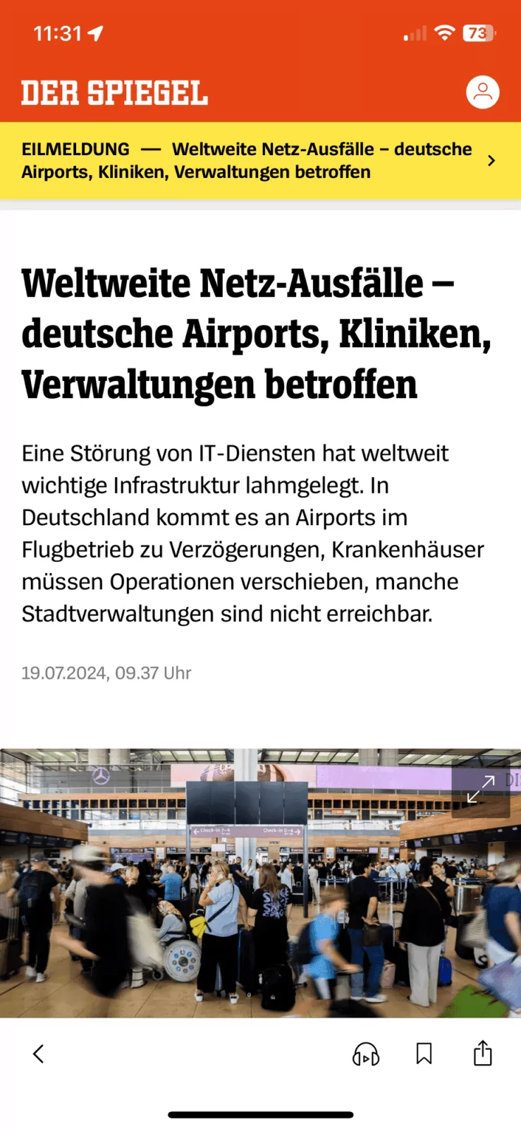 Spiegel-Online mit gelber Eilmeldung und Artikel zu weltweiten Intternetausfällen.