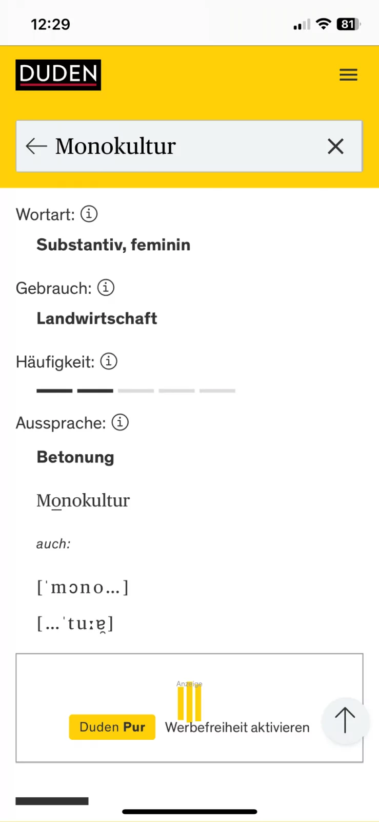 Dudenseite mit Angaben zur Vokal Monokultur.