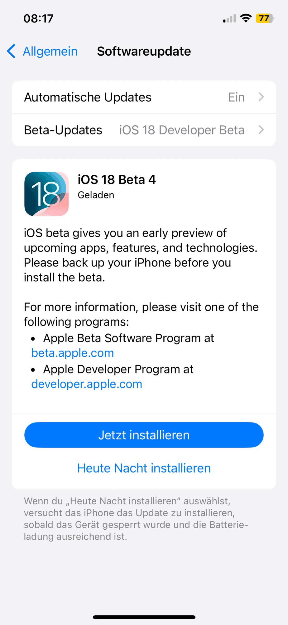 Screenshot des iOS 18 Beta 4 Updatescreens in Einstellungen.