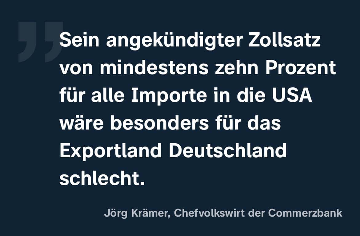 Jörg Krämer, Chefvolkswirt der Commerzbank: Sein angekündigter Zollsatz von mindestens zehn Prozent für alle Importe in die USA wäre besonders für das Exportland Deutschland schlecht.