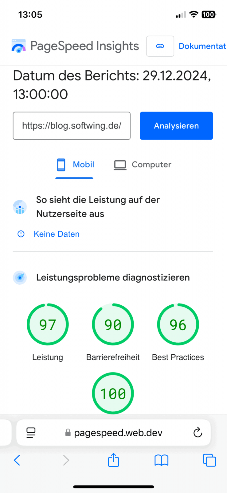Wieder gute Lighthouse-Werte von PageSpeed Insights für die Mobil-Absicht des Blogs.
