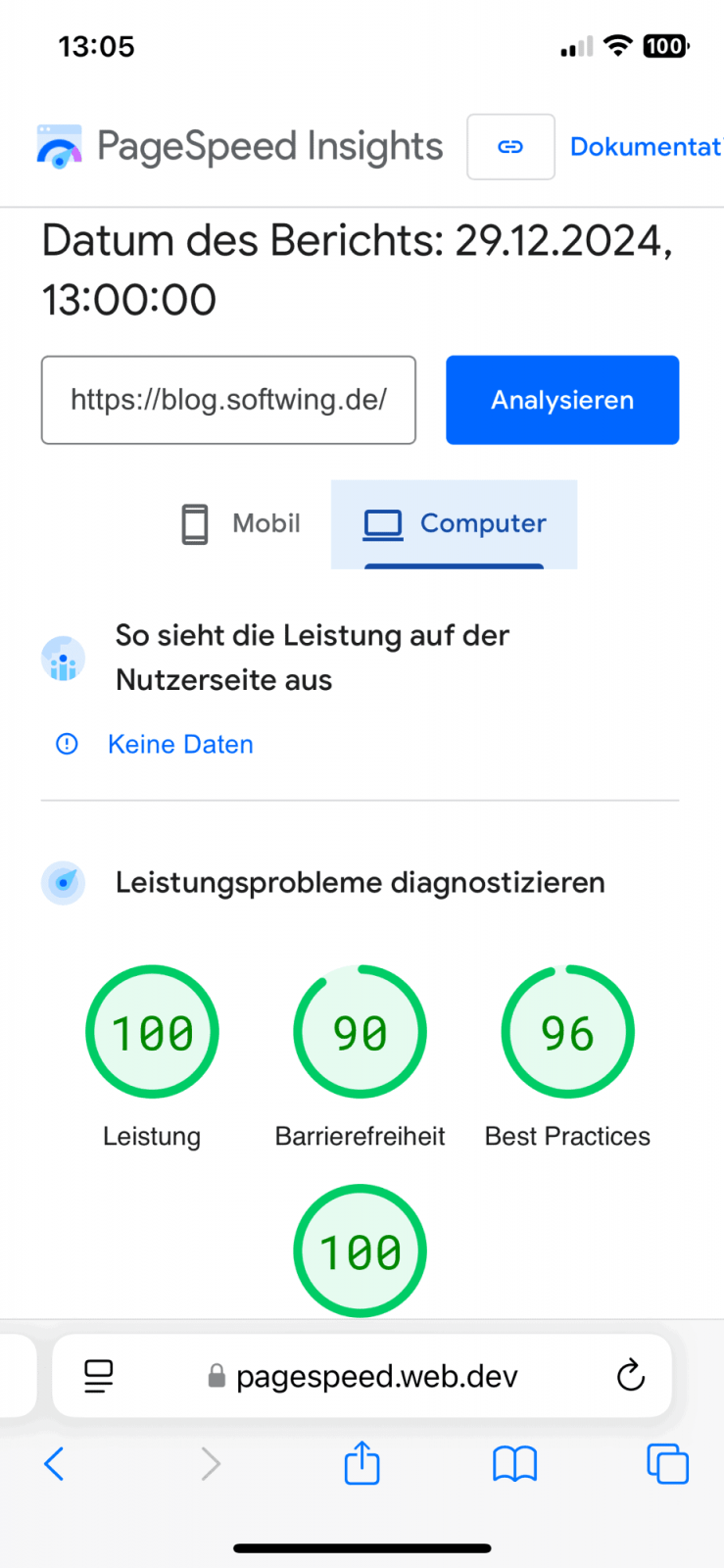 Wieder gute Lighthouse-Werte von PageSpeed Insights für die Desktop-Absicht des Blogs.