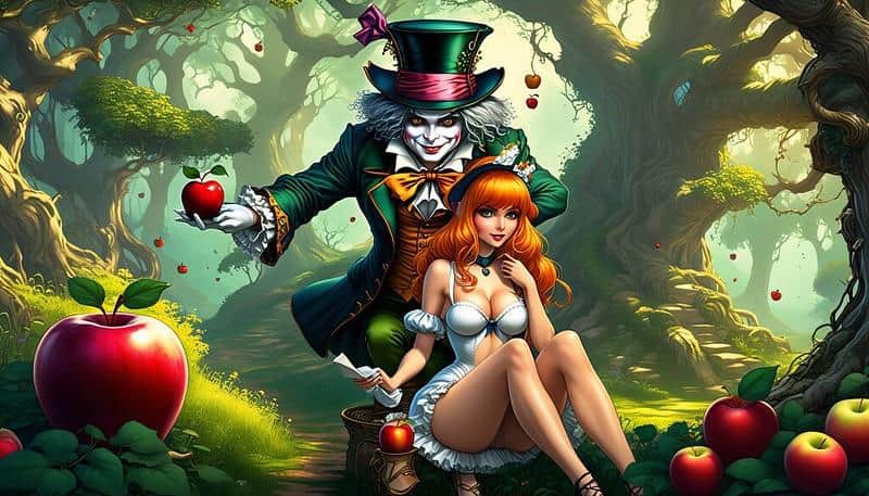 KI-generiertes Bild, weißgesichtige Comicfigur in geün gekleidet gibt einer sexy wirkenden Frau vor ihm sitzen einen Apfel.
