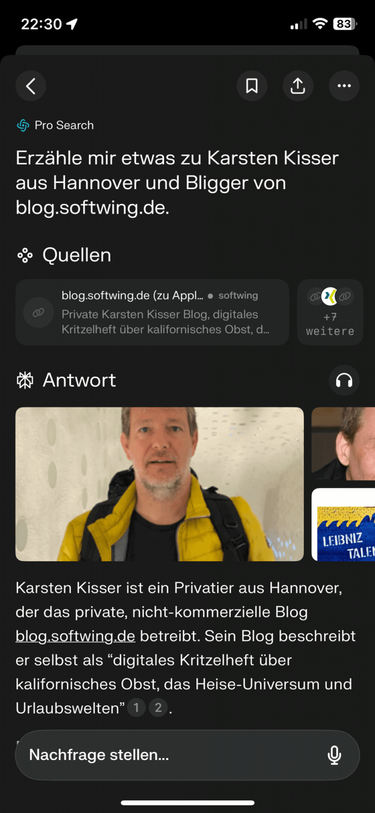 Screenshot:KI App Perplexity mit der Frage zu mir und Antwort.
