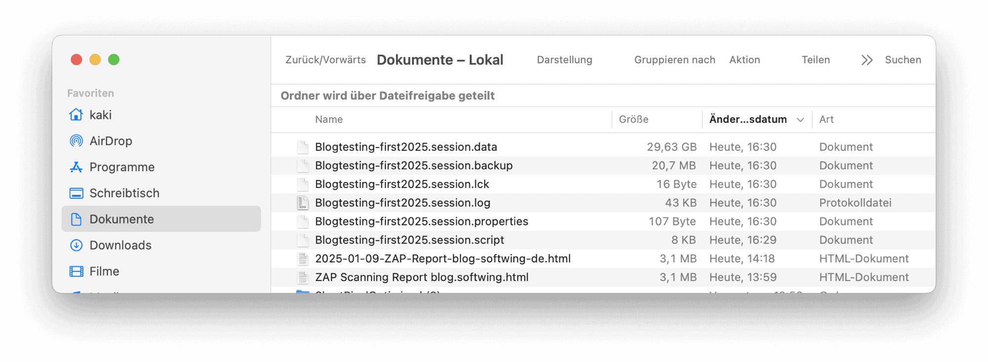 Finderscreenshot, der die Dateien von ZAP bezüglich des Pentestings zeigt.