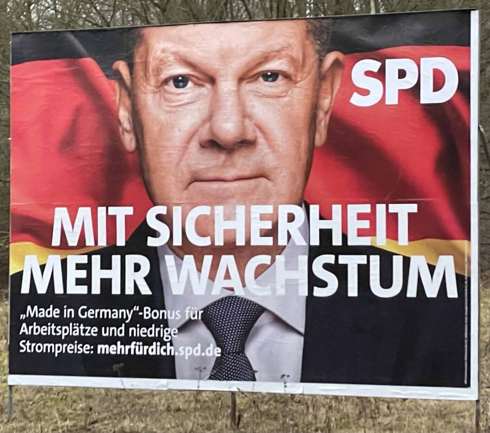 SPD Wahlplakat: MIT SICHERHEIT MEHR WACHSTUM 'Made in Germany'-Bonus für Arbeitsplätze und niedrige Strompreise: mehrfürdich.spd.de