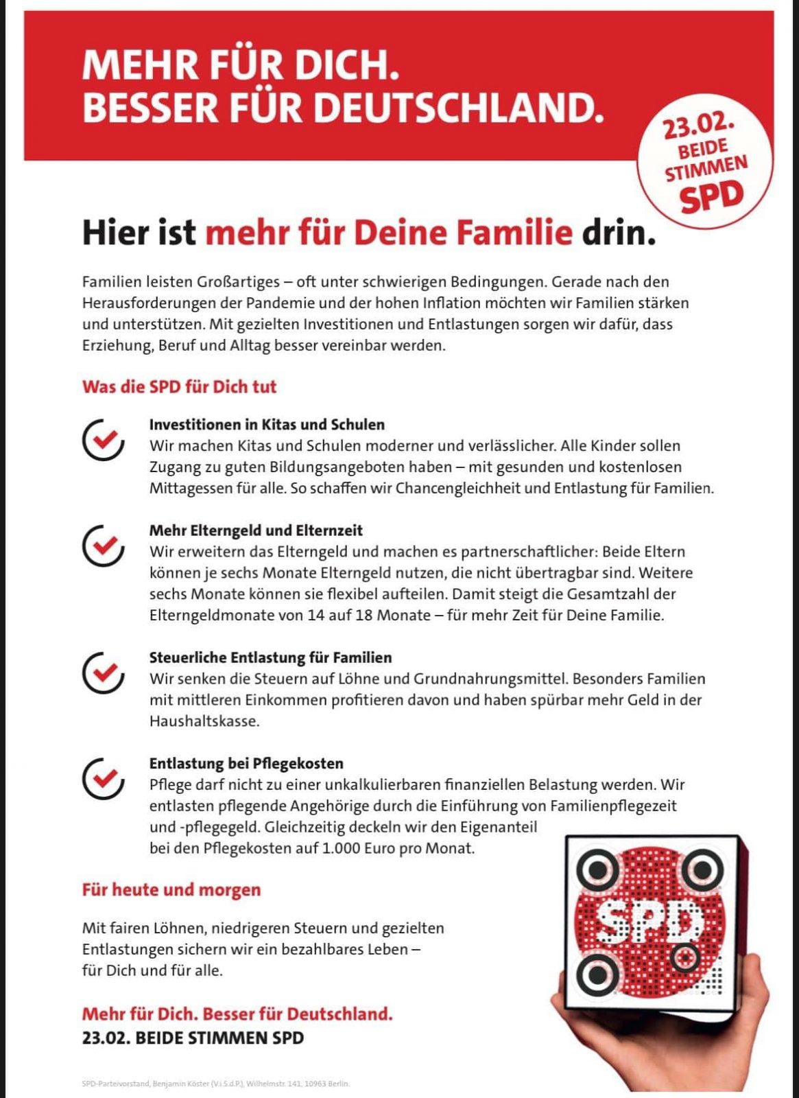 SPD-Wahlflyer: MEHR FÜR DICH. BESSER FÜR DEUTSCHLAND. Hier ist mehr für Deine Familie drin.