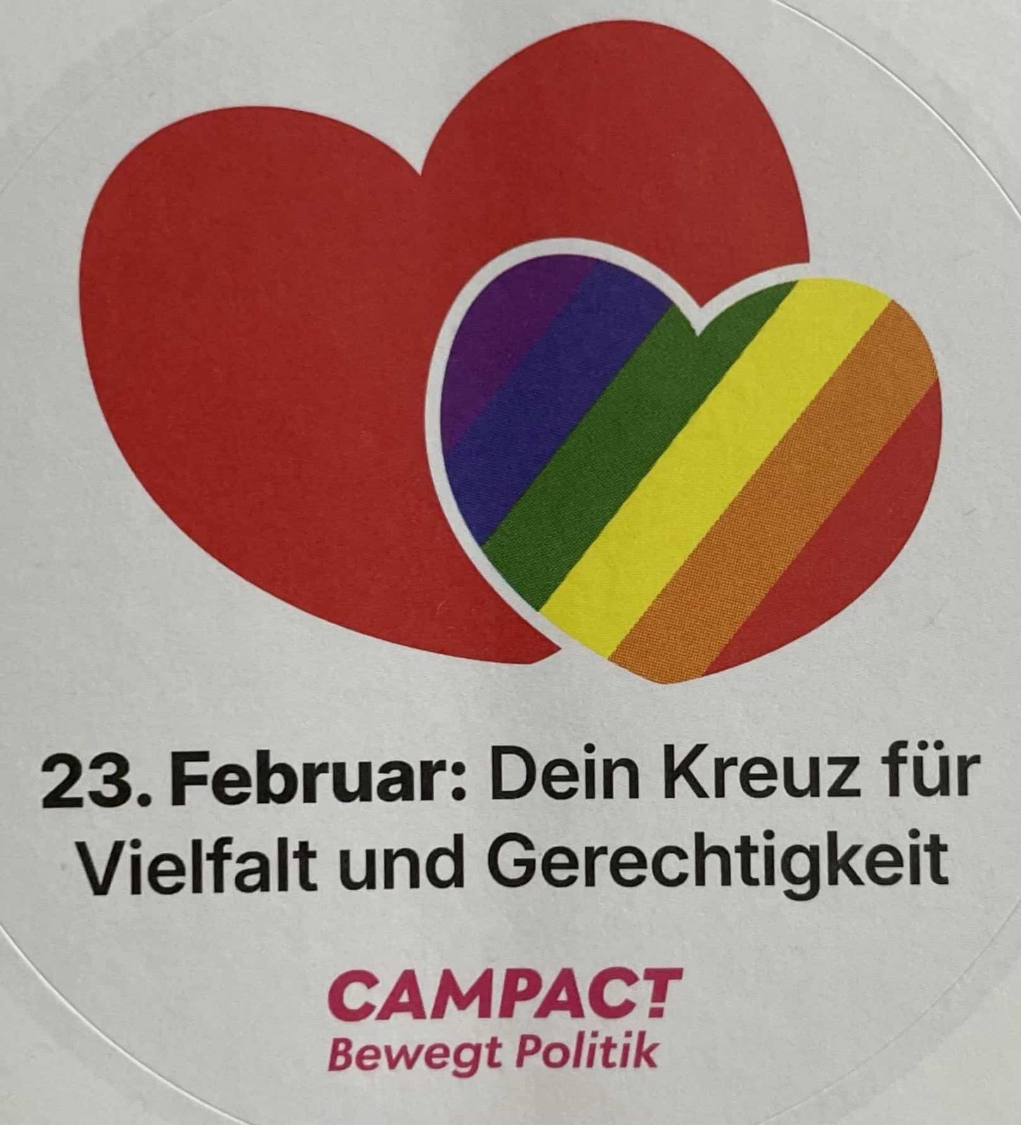 campact-Aufkleber: 23. Februar: Dein Kreuz für Vielfalt und Gerechtigkeit