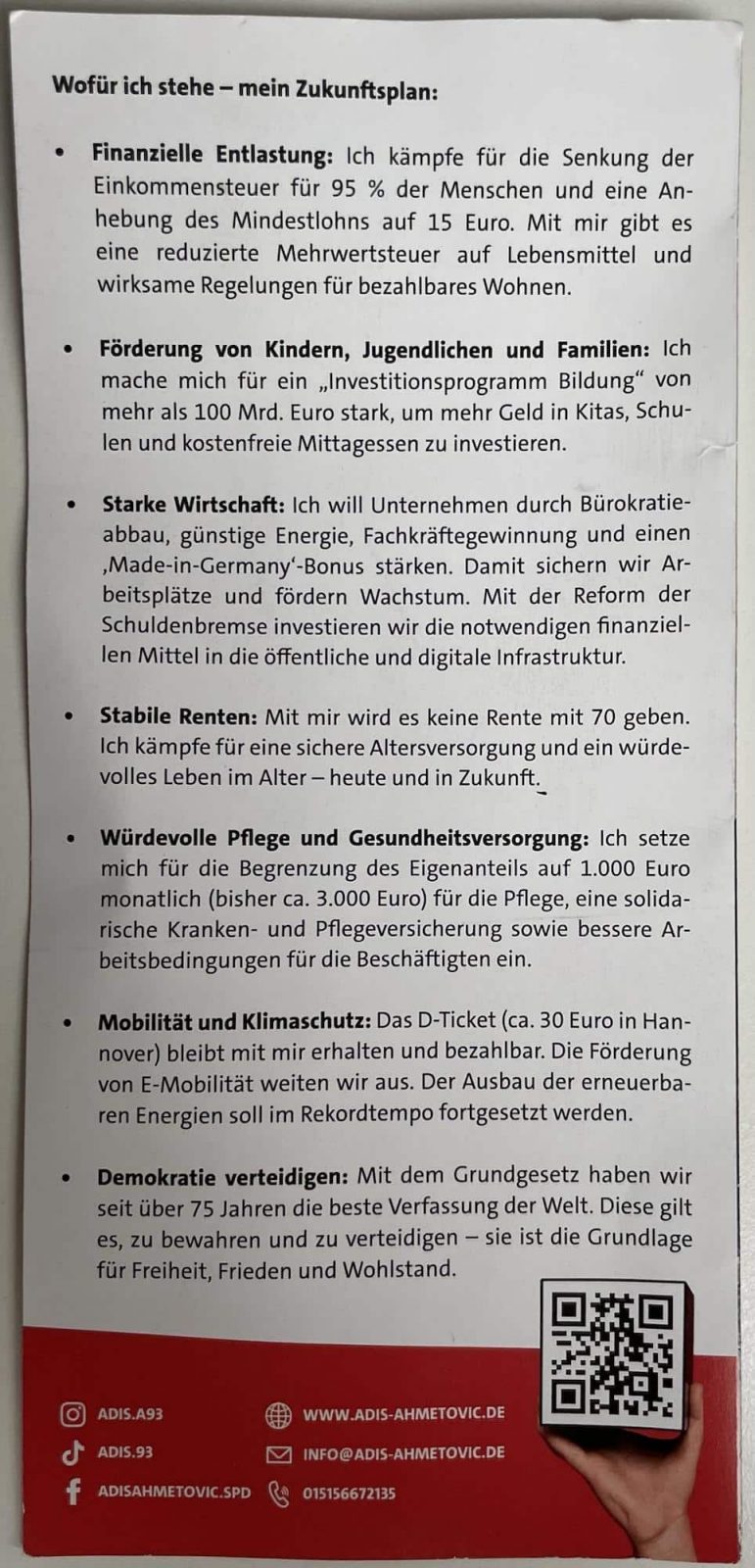 Die Rückseite des SPD Wahlflyer: Wofür ich stehe - mein Zukunftsplan: