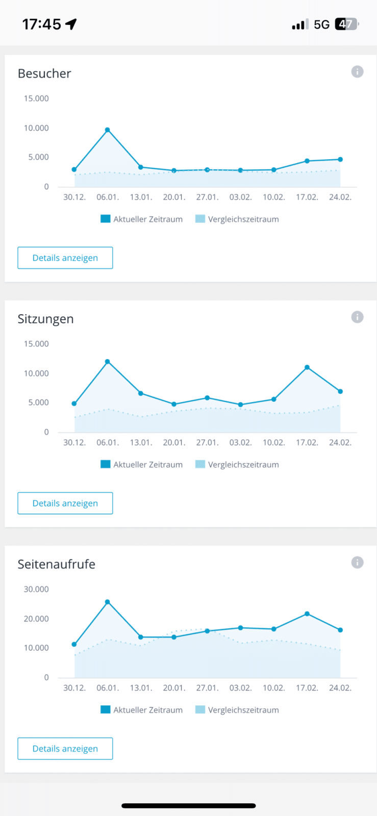 IONOS Webanalytics mit den Gesfiken zu Besucher, Sitzungen und Webseiten.