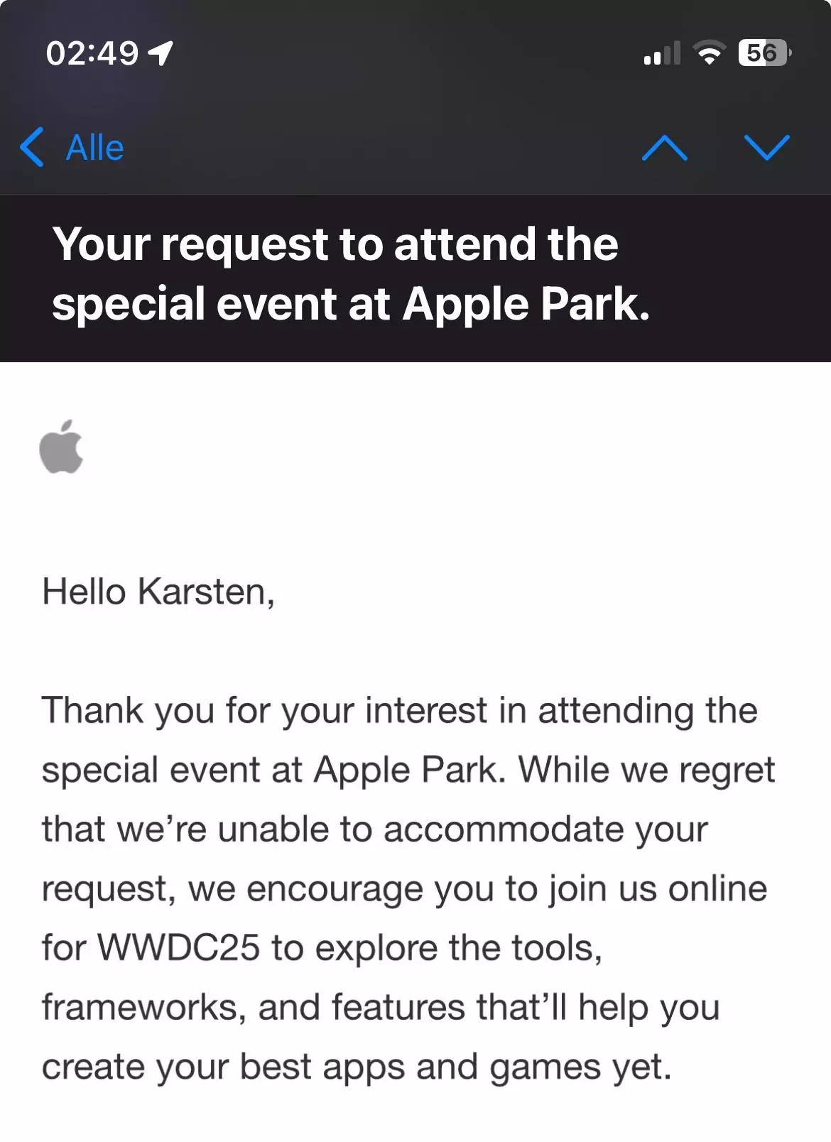 Apple-Absagemail zum Special Ecent at WWDC25.