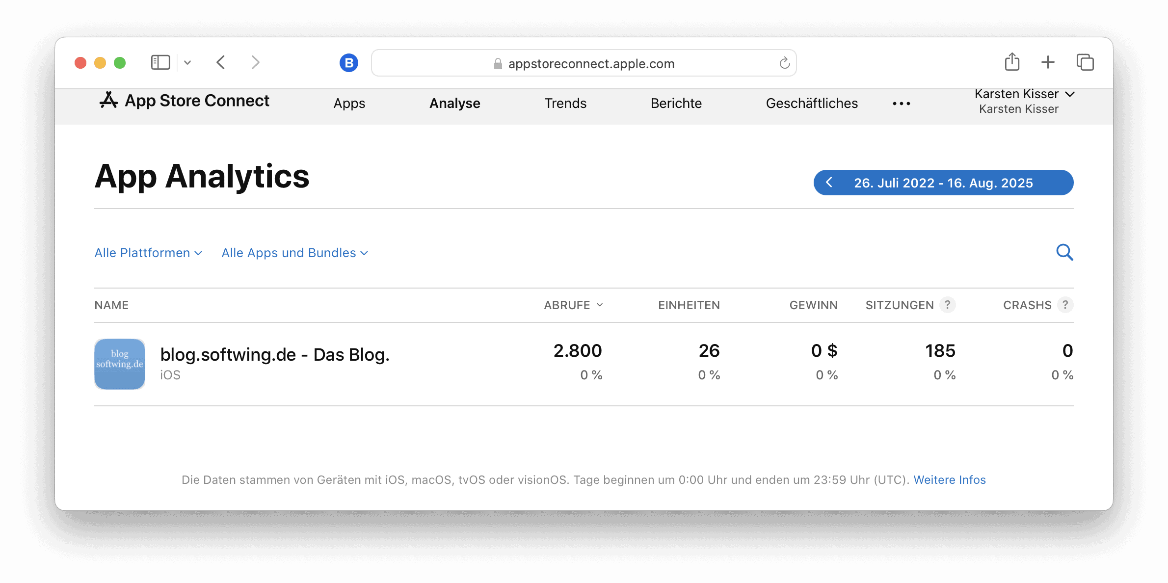 Apps-Analytic zum Blog bei App Store Connect.