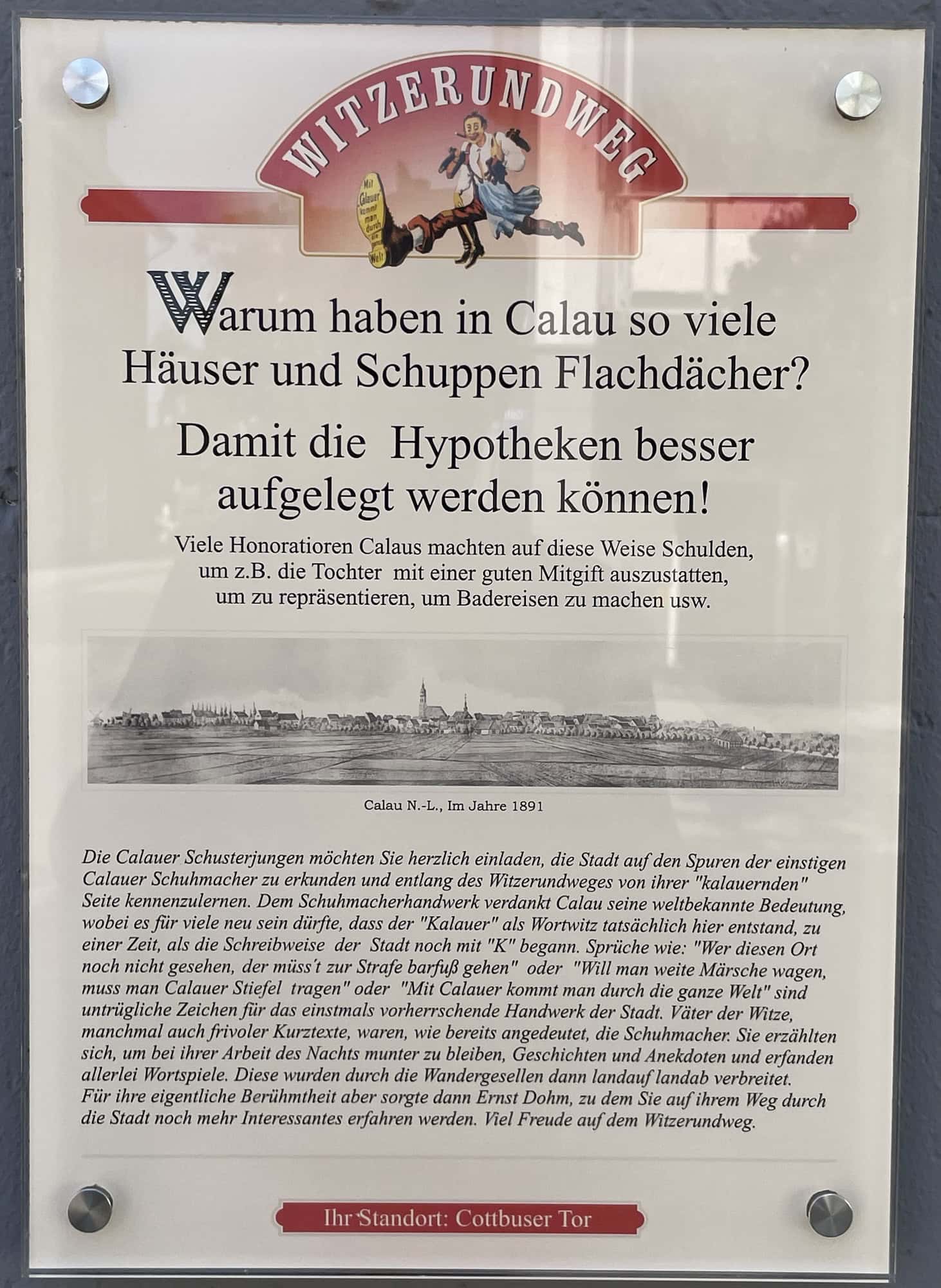 Plakat des Witzerundgangs zu Häusern und Schuppen mit Flchdach.