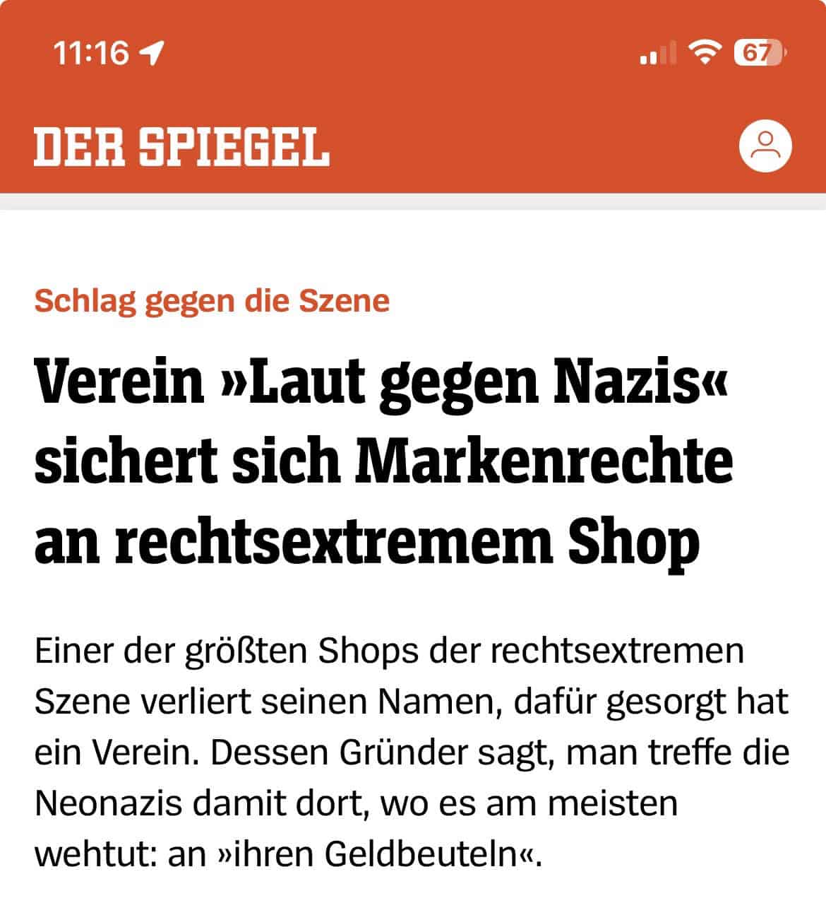 SON-Scrwen mit Artikel zu: Verein »Laut gegen Nazis« sichert sich Markenrechte an rechtsextremem Shop